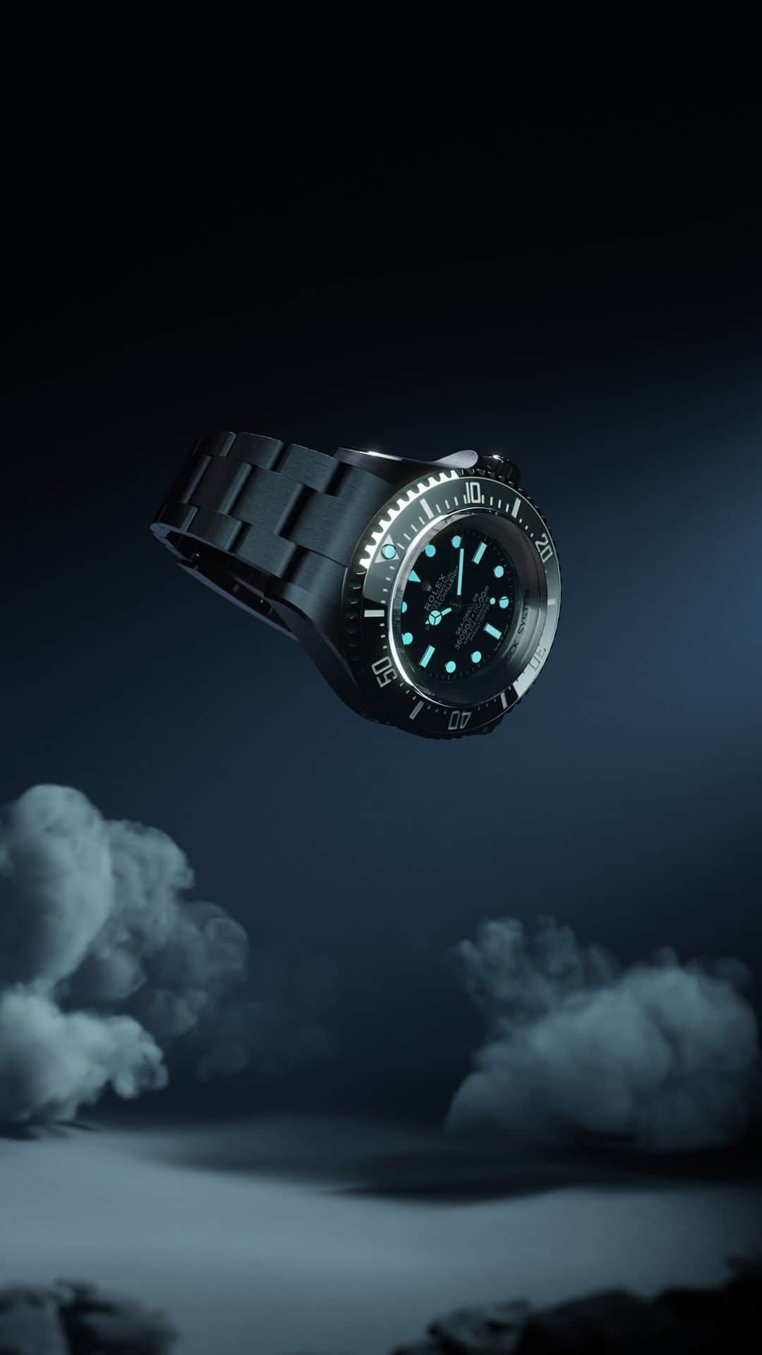 rolexのインスタグラム：「To the bottom of the ocean and back. The Deepsea Challenge is the wearable version of the Rolex experimental watch that in 2012 accompanied James Cameron to the Mariana Trench, the deepest part of the ocean. It is crafted from RLX titanium, a grade 5 titanium selected by the brand for its weightlessness and resistance to corrosion. Thanks to its carefully considered design and proportions, this 50mm divers’ watch is both comfortable to wear and visually harmonious. Guaranteed waterproof to 11,000m (36,090ft), the Deepsea Challenge is a symbol of Rolex’s mastery of the depths. #Rolex #DeepseaChallenge #Perpetual」