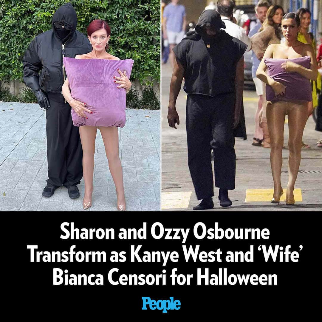 People Magazineのインスタグラム：「The Osbournes just unveiled their wildest Halloween look to date! Sharon and Ozzy Osbourne brought the shock value this Halloween as they dressed up as couple Kanye West and Bianca Censori. Head to the link in bio for all of the details. | 📷: Doug Peters/PA Images via Getty」