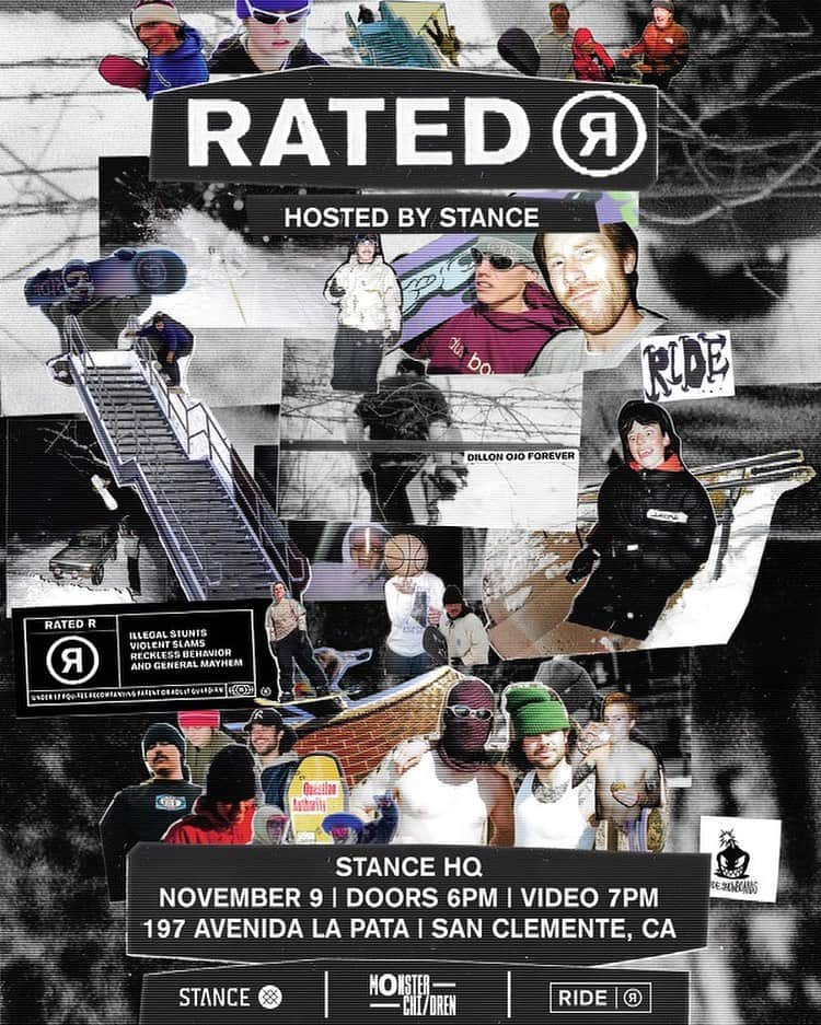 Stanceのインスタグラム：「NEXT WEEK The final US stop of the “RATED R TOUR”  Hosted by @stanceofficial  All Ages, All Welcome, Free Entry Music, food trucks, free drinks. Doors at 6, movie at 7 Parking is limited, ride share or carpool suggested.」