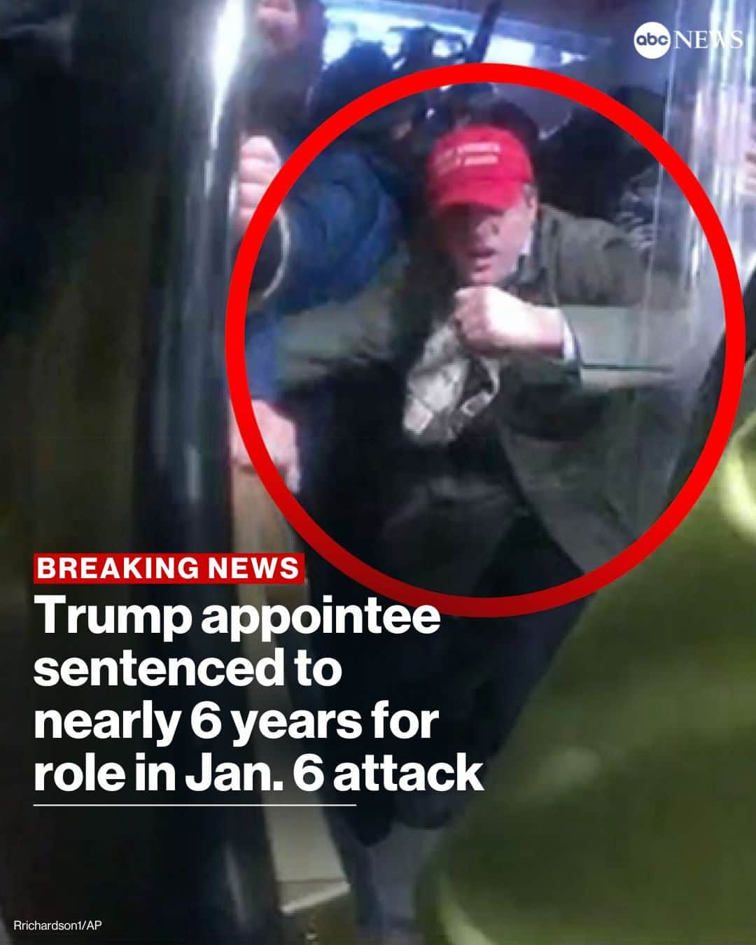 ABC Newsのインスタグラム：「BREAKING: Former Trump administration State Department appointee Frederico “Freddie” Klein was sentenced to 5 years and 10 months in prison for his role in the Jan. 6 attack on the Capitol.  Klein was convicted of 8 felonies including six assaults, civil disorder and obstruction of an official proceeding.  Go to link in bio for more.」