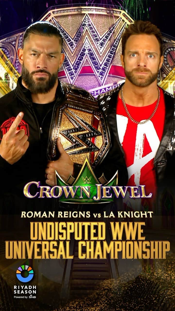 WWEのインスタグラム：「Who ya got when @romanreigns defends the Undisputed WWE Universal Championship against @reallaknight at #WWECrownJewel?  #WWECrownJewel streams TOMORROW exclusively on @peacock in the U.S. and @wwenetwork everywhere else with a special start time of 1PM ET/10AM PT」
