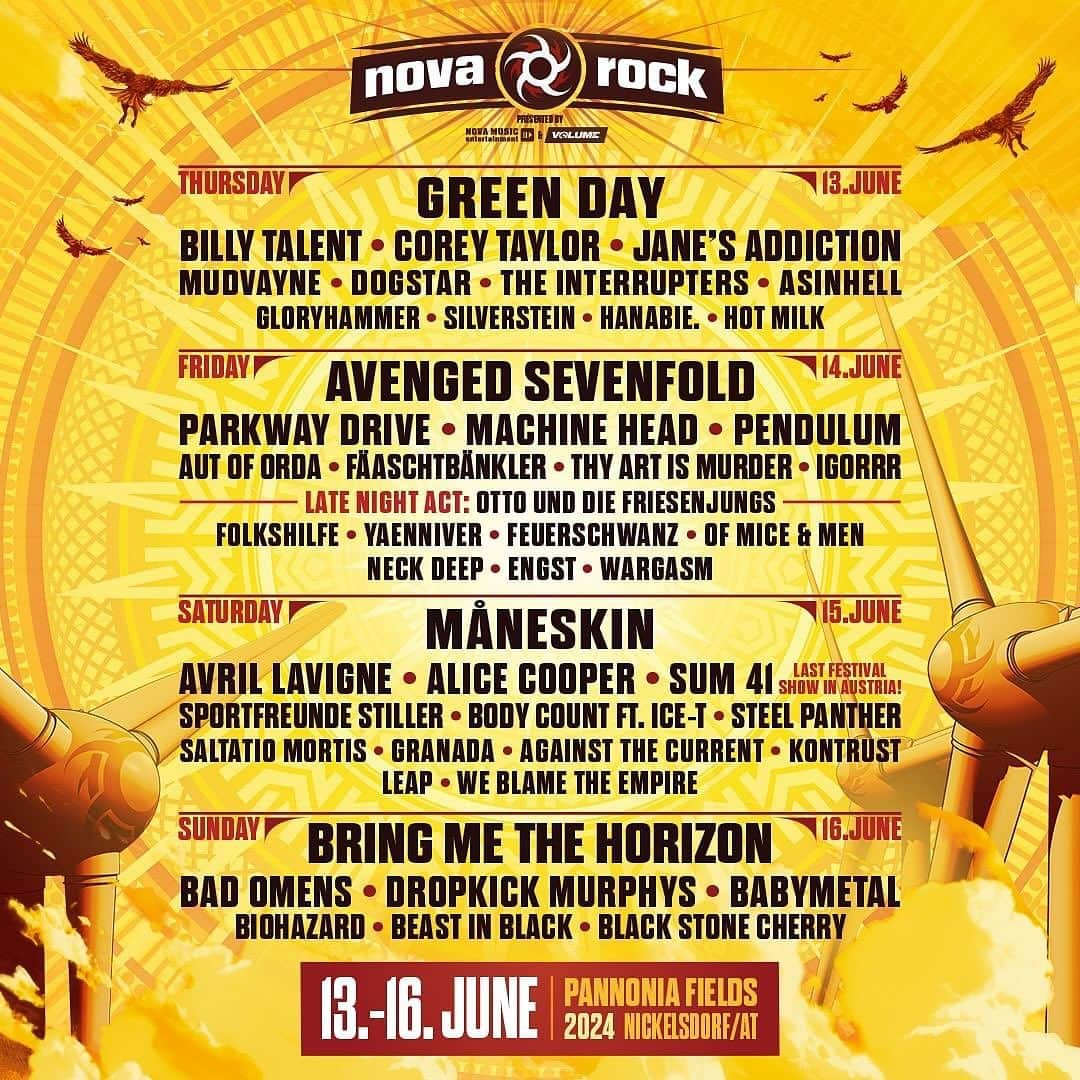 Sum 41のインスタグラム：「Hey Austria, we're coming back to @novarockfestival one last time! We'll see you on June 15, 2024 in Nickelsdorf. #NR24」