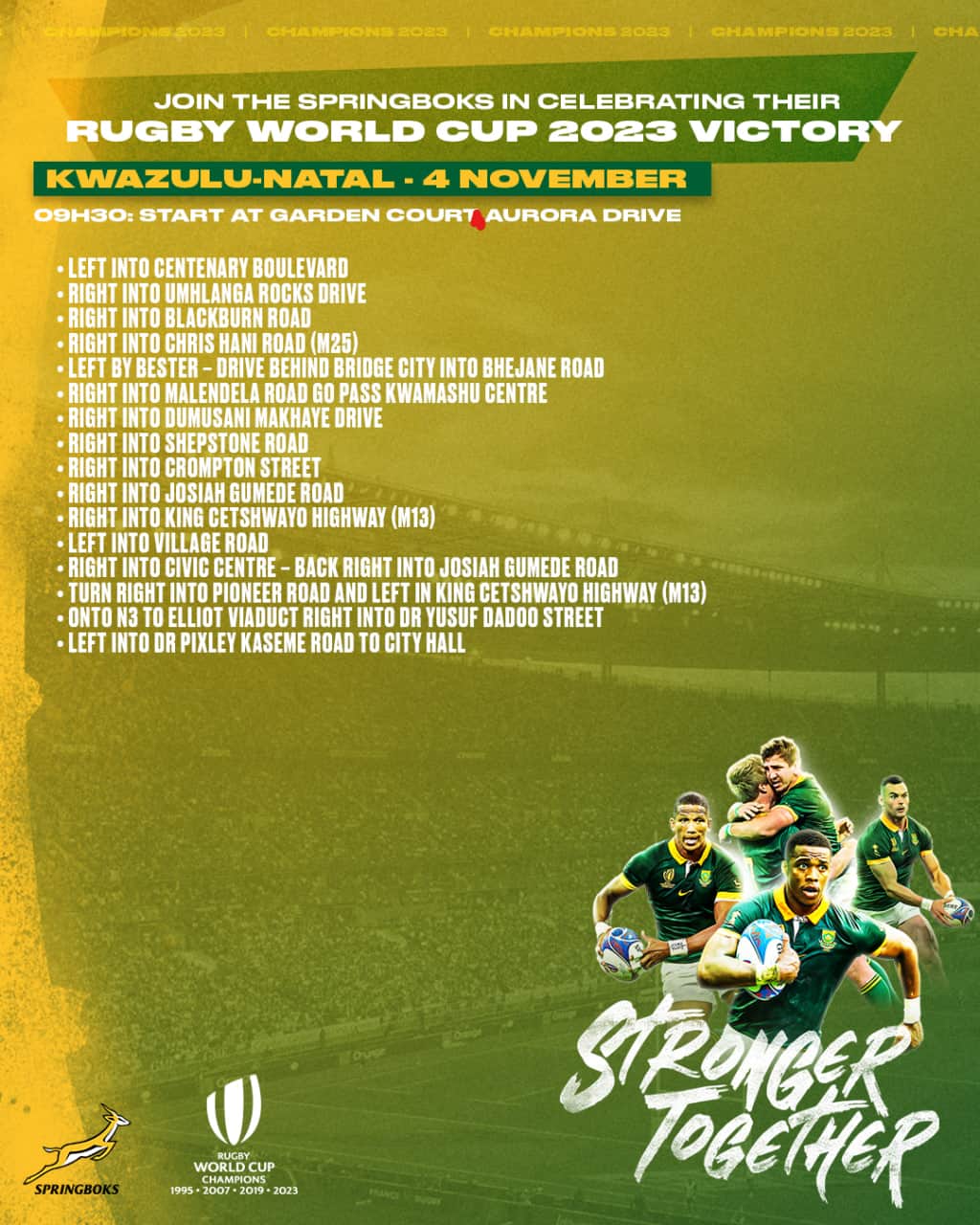 ラグビー南アフリカ代表のインスタグラム：「Durban! The Trophy Tour route for the #Springboks' visit tomorrow has been updated - please take note and come say hi 🚌🏆」