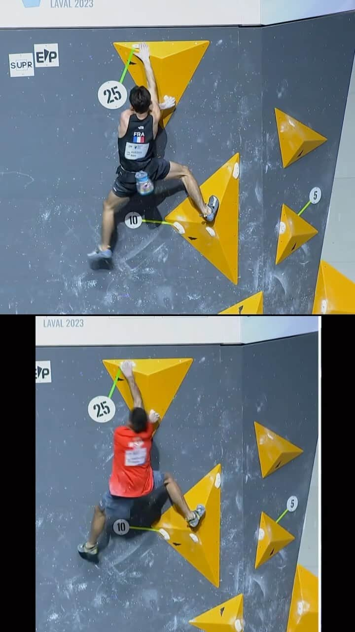 ウド・ノイマンのインスタグラム：「A mobility issue disguising as a strength problem? Notice how nicely Sam leans into his extended left arm and how close his arm is to his upper body. He was the only climber to make this move work, some competitors resorted to trying to reach up with left hand, which doesn’t look promising to my eyes and was not successful.  Shauna called this problem *old school* (arguably before the round started), but it surely wasn’t lacking finesse. Difficult climbing always was and always will be about finding positions and connecting the dots, regardless what label is put on it.  The route-setting I found really good in Laval, both boulder and lead, and it feels as if our sport matured quite a bit over the last year. Imagine how it is to grow up listening to Shauna’s insight and the performances of the new generation of comp climbers - way to go, comp climbing! #climbingcoacheseye #bouldering #mobility #kpis #climbingperformancecoaching #climbingtechniqueofthe21stcentury」