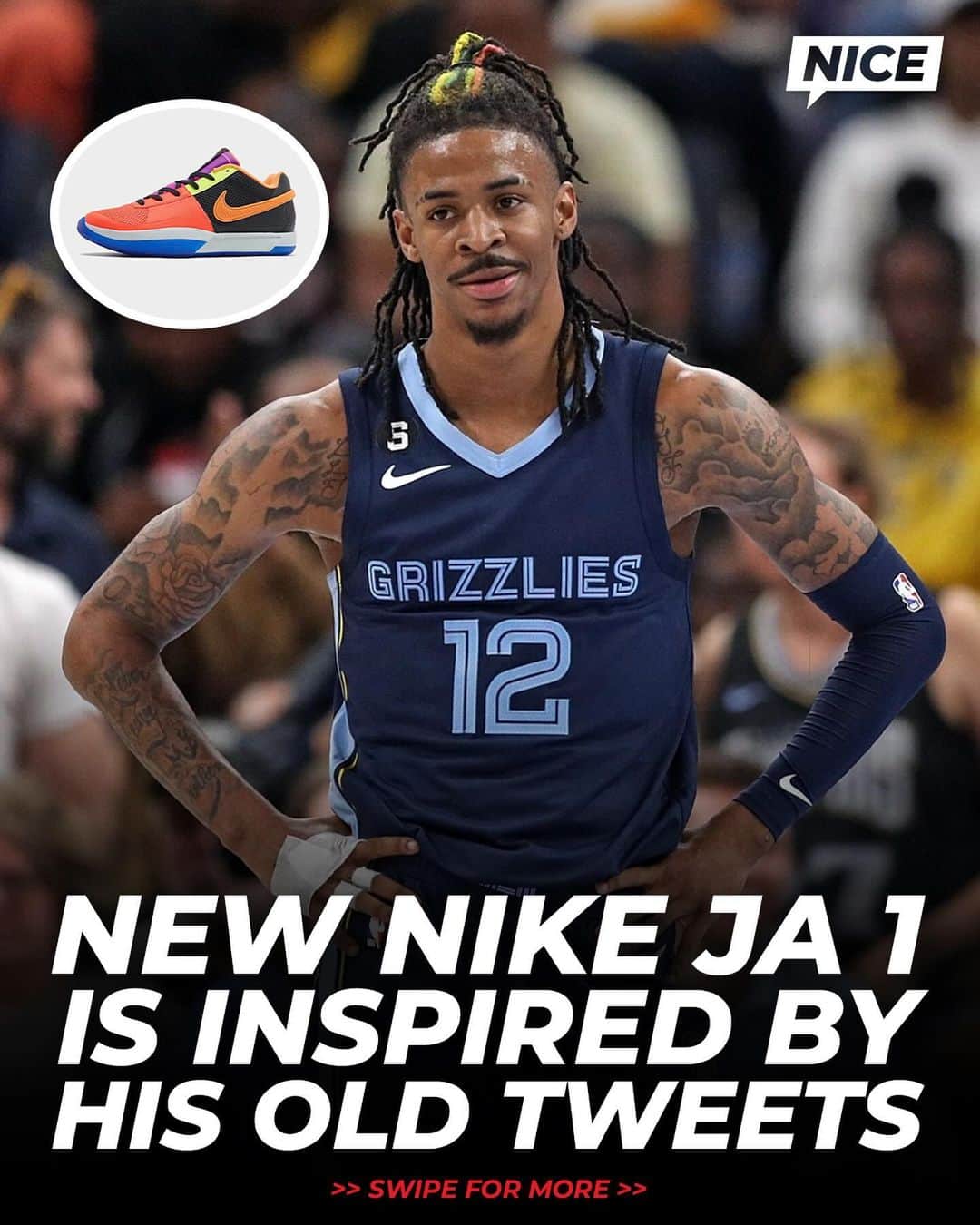 Nice Kicksのインスタグラム：「If my old tweets were used for a shoe, I wouldn’t have a shoe 🙈😅 @nicekickshoops   The Nike Ja 1 “All-Star” is inspired by an old tweet of his from 2019 saying “Now I’m proud to say I work for the Check.” There are also references to being a Nike WHQ employee with employee badge details on the tongue 🔥✅  @nicedrops: 2/16 for $140 🗓️」