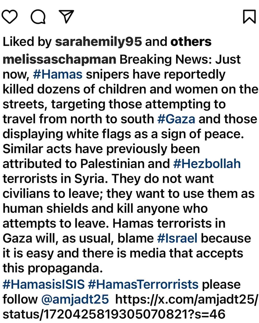 デブラ・メッシングさんのインスタグラム写真 - (デブラ・メッシングInstagram)「BREAKING:  Hamas snipers killing women and children in Gaza trying to leave to travel to safety.  Last slide IDF trying to get civilian in Gaza to leave for his own safety. The man says Hamas is blocking them from leaving. Shooting those who try.  This is Hamas.  Free Gaza from Hamas.   #hamas #gaza #innocentcivilians #trappedbyHamas #idf #freegazafromhamas #halasisisis」11月4日 3時51分 - therealdebramessing