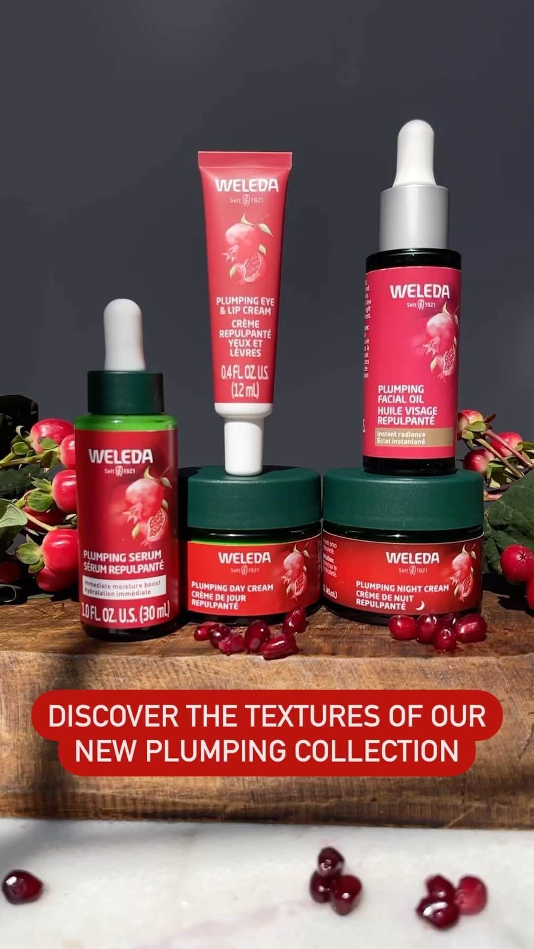 Weledaのインスタグラム：「Indulge in the luxurious texture of our new Plumping Facial Care Collection as each product is designed to support your skin with the nourishing embrace of pomegranate seed oil and maca root peptides! ❤️💫  Each product works harmoniously to reduce the visible signs of aging, leaving your skin feeling smoother and more radiant!  Discover the entire Plumping Collection exclusively at Weleda.com #WeledaSkin」