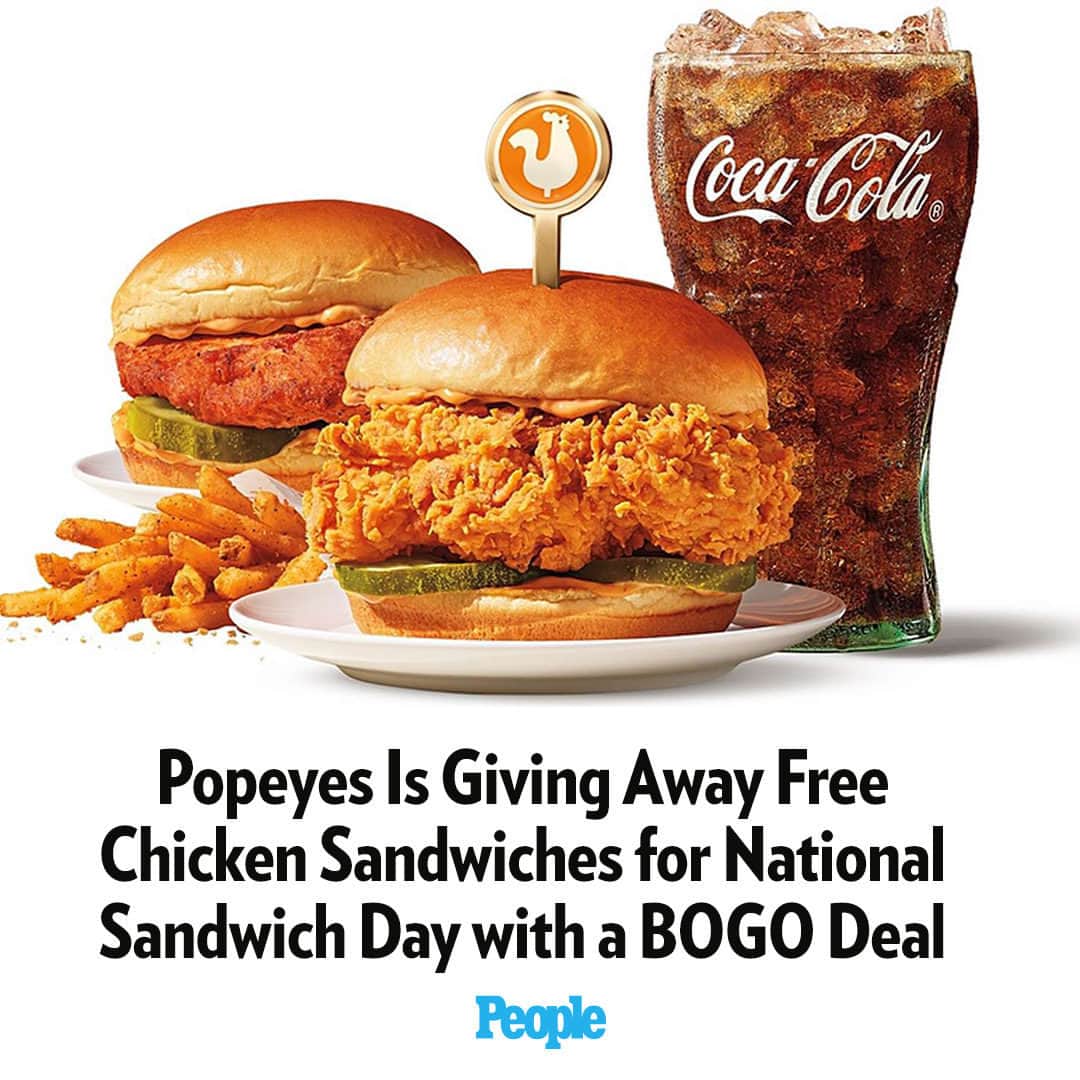 People Magazineのインスタグラム：「Popeyes is celebrating National Sandwich Day with a sweet deal! This week, the fast food chain announced that they're offering a chicken sandwich BOGO deal. Customers who buy one chicken sandwich combo can get a chicken sandwich for free.   The deal lasts from Nov. 2 through Nov. 12 and can only be ordered through the Popeyes mobile app for pick-up or delivery. | 📷: Popeyes Louisiana Kitchen」