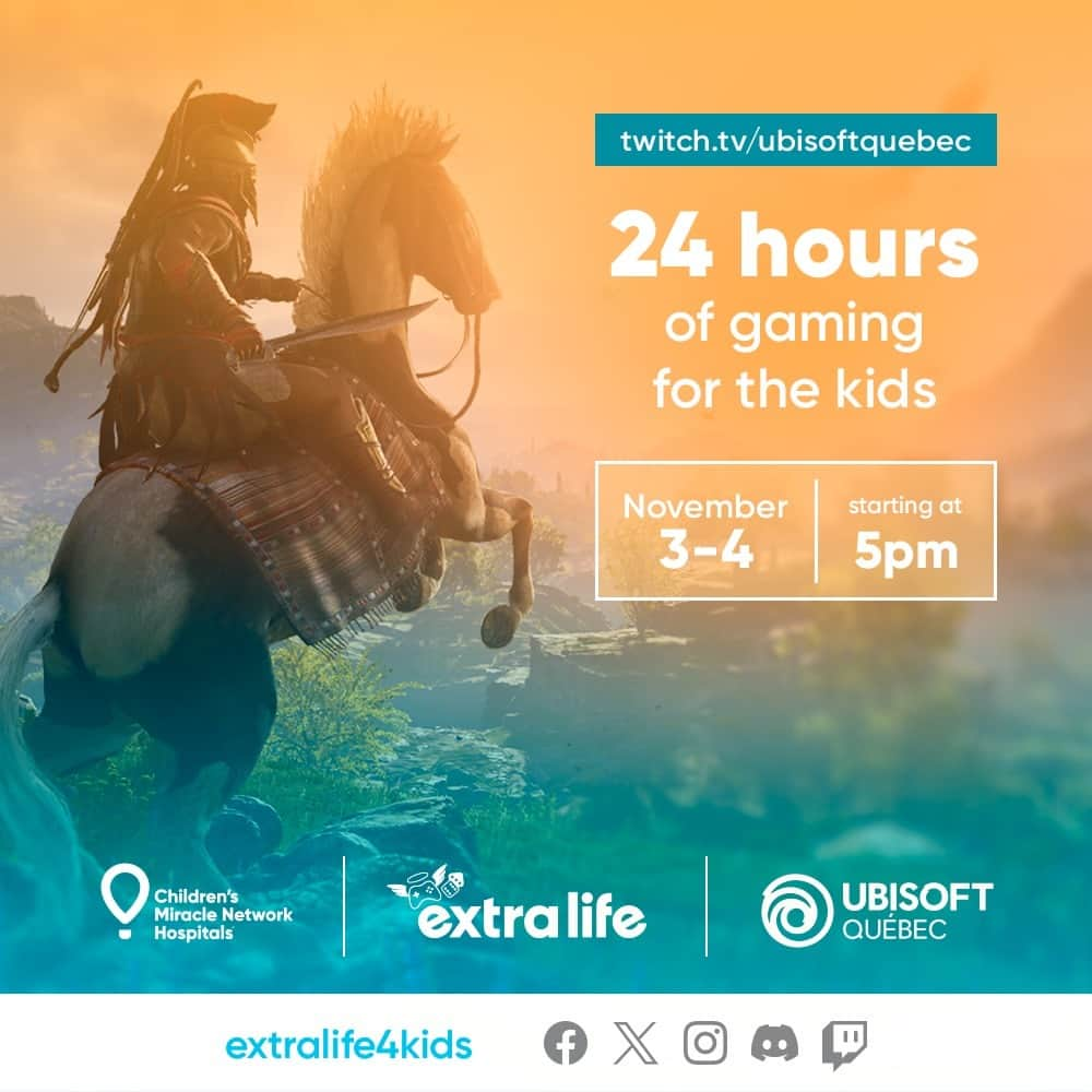 アサシン クリードのインスタグラム：「✨ GAMING FOR THE KIDS ✨  Join the Ubisoft Quebec team as they play Assassin’s Creed Odyssey during a 24 hour charity stream for Extra Life!  Starting today, November 3rd @ 5 PM EST 👉 www.twitch.tv/ubisoftquebec」