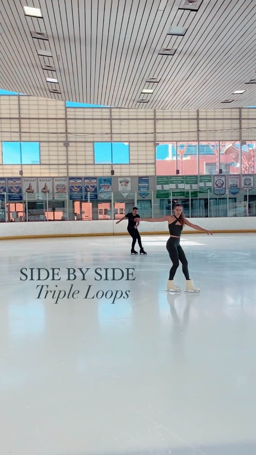 ポリーナ・エドモンズのインスタグラム：「Friday morning prep before the @teamscottcares show in Santa Rosa tomorrow🤪  ~our synchronization took a few tries lol!  🎥: @brianboitano   #figureskating #figureskater #tripleloop #skating #loopjump」