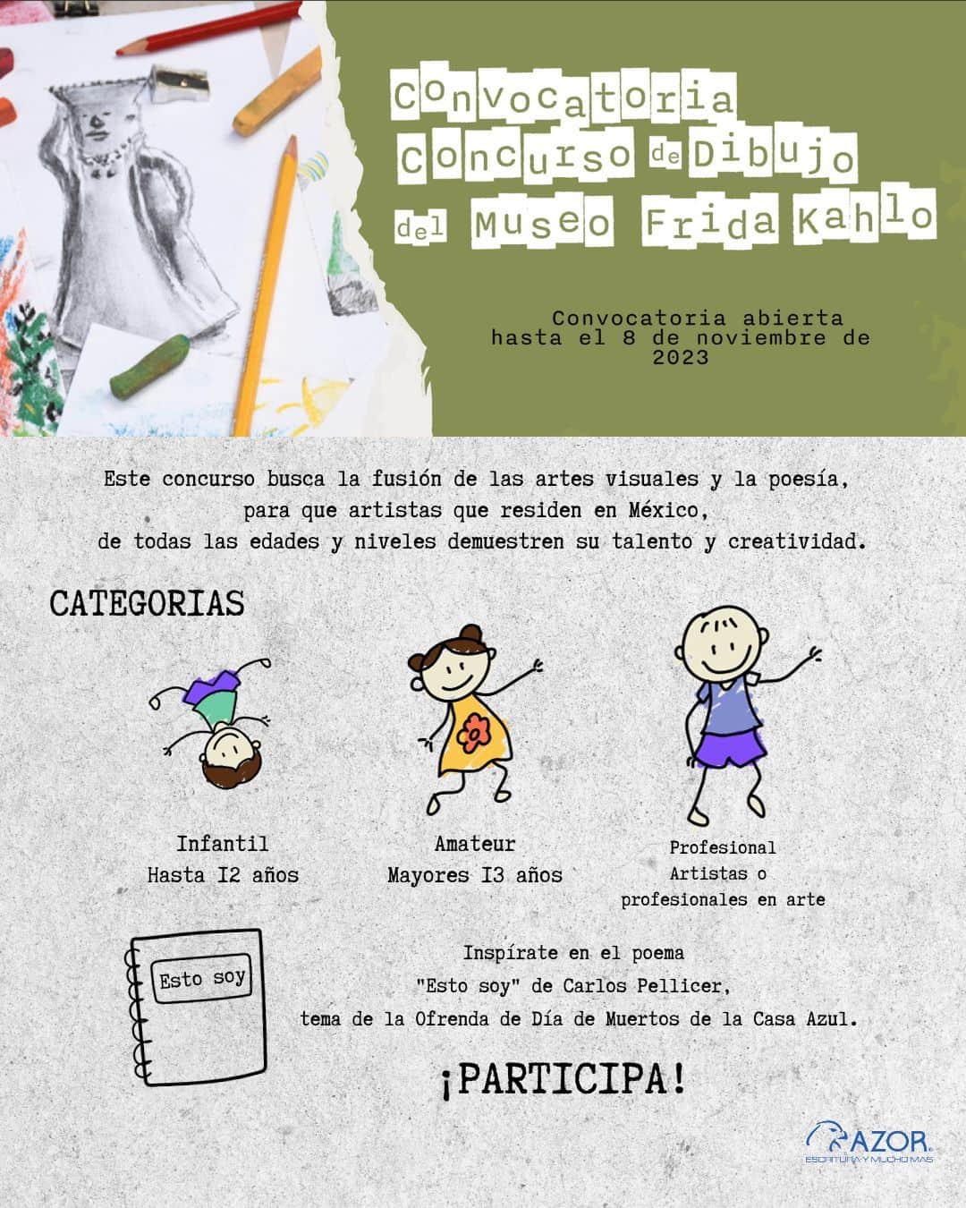 フリーダ・カーロ記念館のインスタグラム：「¿𝘁𝗲 𝗴𝘂𝘀𝘁𝗮 𝗱𝗶𝗯𝘂𝗷𝗮𝗿? ¡participan creadores de todas las edades en México a nuestro Concurso de Dibujo del @museofridakahlo! ��🎨 Inspirados en el poema "Esto soy" de Carlos Pellicer, tema de la ofrenda de día de muertos.   🖌️ 𝗘𝗻𝘃í𝗮 𝘁𝘂 𝗼𝗯𝗿𝗮 𝗮𝗻𝘁𝗲𝘀 𝗱𝗲𝗹 𝟬𝟴 𝗱𝗲 𝗻𝗼𝘃𝗶𝗲𝗺𝗯𝗿𝗲, 𝟮𝟬𝟮𝟯.��  Detalles click en el enlace: https://bit.ly/3QyV4Tj  🫀 #MuseoFridaKahlo #art #arte 🇲🇽 #México #CDMX #MexicoCity 🧳 #travel #Coyoacán #Museum #Museo #MuseosCDMX #travelgram 💀 #DíadeMuertos #Ofrenda #Concurso #Dibujo   Agradecemos el apoyo de @grupoazormexico #GrupoAzor #Azor #EsDeAzor #EscrituraYMuchoMás #GrupoAzorMéxico」