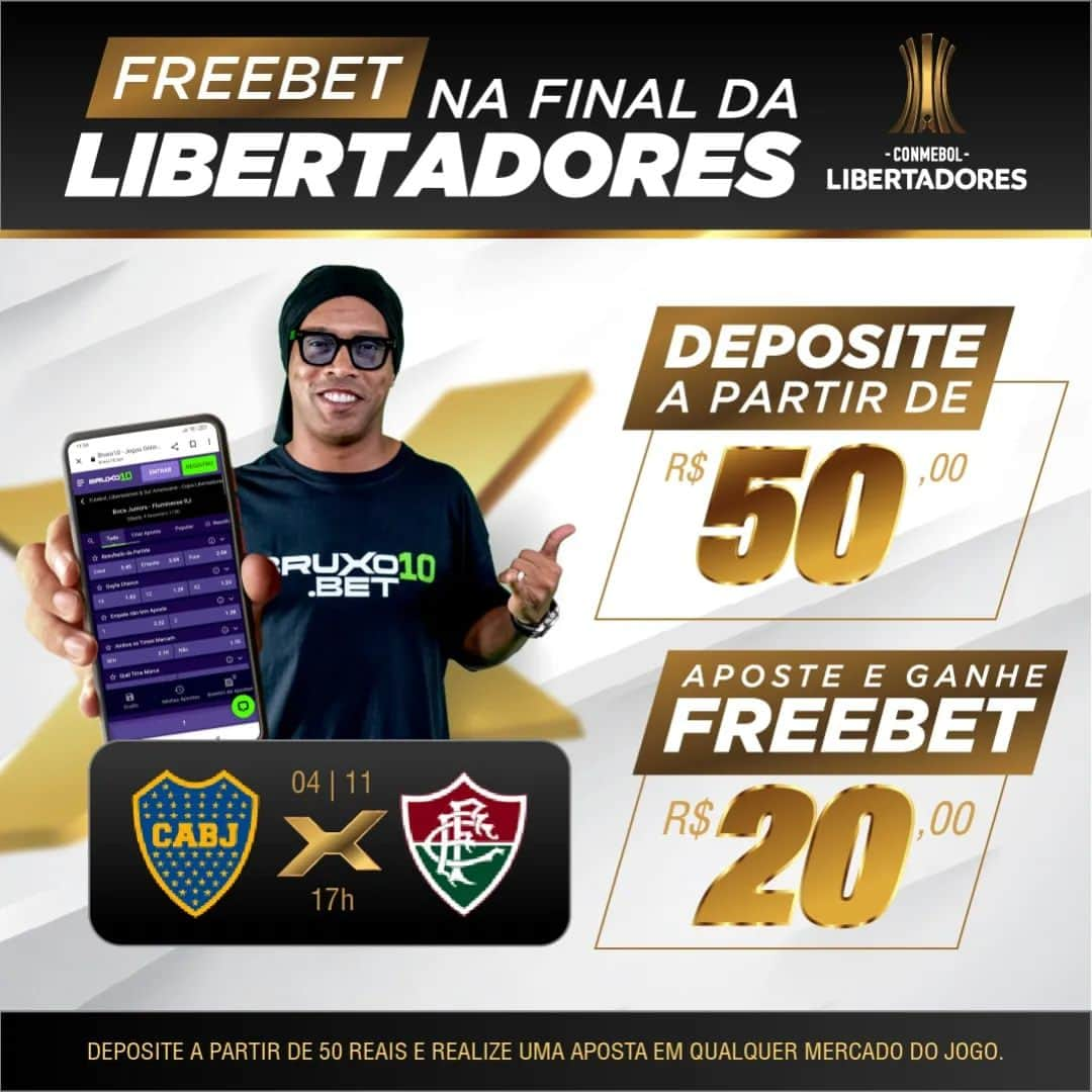 ロナウジーニョのインスタグラム：「🏆 Em busca da Glória Eterna com a Bruxo10 🌟  Desfrute da grande final com uma FREEBET de 20 reais na casa do Bruxo! 🤑   Faça um depósito a partir de 50 reais e aposte qualquer valor em qualquer mercado da grande final Boca Jr x Fluminense para garantir a sua premiação! 💰  Basta seguir as regras e se divertir. Em caso de dúvidas, entre em contato com nosso suporte diretamente no site 😉  Não perca essa chance e vem garantir sua magia! 🧙🏿‍♂️  #bruxo10 #bruxo10bet #libertadores #freebet」