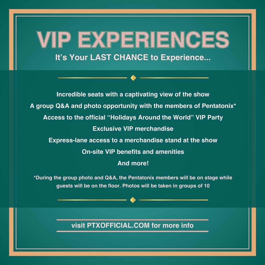 ペンタトニックスさんのインスタグラム写真 - (ペンタトニックスInstagram)「Now is your last chance to gift an unforgettable VIP experience at an upcoming show on our MOST WONDEFUL TOUR OF THE YEAR this winter! ☃️✨  Visit PTXOFFICIAL.COM to purchase a VIP package before they’re all gone! 🍪🥛」11月4日 6時29分 - ptxofficial