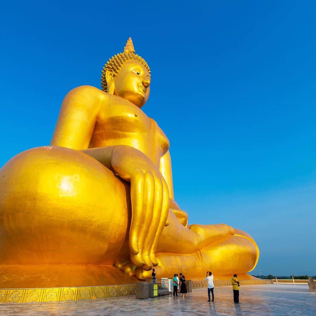 タイ国政府観光庁さんのインスタグラム写真 - (タイ国政府観光庁Instagram)「. ༉‧₊˚ 🇹🇭わざわざ行きタイ旅！ ⠀ ⋯⋯⋯⋯⋯⋯⋯⋯⋯⋯⋯⋯✈  毎週土曜日は、まだあまり知られていないタイの観光スポットをご紹介♪   今回は黄金の大きな仏像が座す「ワット・ムアン」へ✨  アユタヤ県の隣、アーントーン県は、趣深い寺院が200以上点在するエリアです💡  なかでも近年パワースポットとして注目が集まっているのが、ワット・ムアン🕊 16年かけて作られたという、幅62m、高さ93mの巨大な黄金の仏像が安置されています😌 指先にそっと触れて、お願い事をしてみましょう👉 👈  ここでタイの寺院での、一般的な参詣方法を確認👏 線香と花を手に携えたら、仏陀の前に座り、3回こうべを垂れるのが、一般的な作法です🙏　寺院ごとに独自の参拝ルールを設けている場合もあるので、参拝前に確認しておきましょう◎  なお国民の９割以上が仏教徒というタイは、敬虔な仏教国🌱　そのため寺院を参拝する際は、ノースリーブや短パンなど露出度の高い服装は避けたり、女性は僧侶の体や衣、持ち物に直接手を触れないなど、基本的なマナーを守ることも大切です💁‍♀️⚠️  ほかにもワット・ムアンには、お釈迦様の一生を描いた壁画がある本堂や、地獄を表現したレプリカなど、興味深いものがたくさん👀✨ 地獄寺としても知られています！  寺院は水田に囲まれていて、夕暮れ時に広がる幻想的な風景もアーントーンの名所となっています🌅  ☆「行ってみたい！」：いいね❤をタップ ★「参考になった！」：保存ボタン🔖をタップ  #タイ #アーントーン #ワットムアン #タイ寺院 #お寺巡り #仏像 #パワースポット #神秘的 #今こそタイへ #こんなタイ知らなかった #もっと知りタイ #はじめてのタイ #タイ旅行 #アーントーン旅行 #旅好きな人と繋がりたい #海外旅行 #地獄寺 #thailand #angthong #angthongtrip #watmuang #temple #buddhastatue #thainess #amazingthailand #thailandtravel #thailandtrip #thaistagram #lovethailand #amazingnewchapters」11月4日 18時02分 - amazingthailandjp