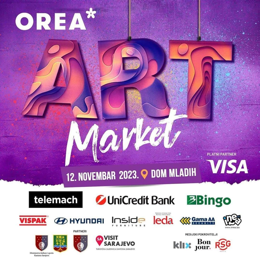 エディン・ジェコのインスタグラム：「OREA Art Market otvara prazničnu sezonu❗️  Sedmi po redu OREA Art Market bit će održan 12. novembra u Domu mladih - mjestu susreta svih generacija.✨😍  Posebno smo zahvalni našim sponzorima koji su nas podržali i prepoznali vrijednost OREA Art Marketa!  Bez njih naši dogadjaji ne bi bili mogući!❤️  ✨Veliko hvala @telemachbh @unicredit_eu @bingo_bih @vispak.visoko @hyundaibh @inside_total_design @water.leda Gama AA Security @inteabh @ministarstvokultureisportaks @magoda.kenan @opcinacentarsarajevo @vladakantonasa @visitsarajevo.ba @klixba @bonjourba_ @rsgradio  #OREA #OREAArtMarket #OREAspaja #OREACommunity #Telemach #UniCreditBank #Bingo #Vispak #Hyundai #insidefurniture #Leda #Gama #Inteabh #OpcinaCentar #ministarstvokultureisporta #vladaks #visitsarajevo #Klix #bonjour #RSG」