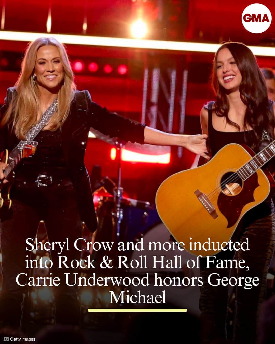 Good Morning Americaのインスタグラム：「Sheryl Crow and more have been inducted into the Rock & Roll Hall of Fame.  On Friday evening, some of music’s biggest stars convened at the Barclays Center in Brooklyn, New York, to honor the music legends, including Olivia Rodrigo, H.E.R., Jazmine Sullivan, Miguel, Carrie Underwood and more.  The night kicked off with a performance by Crow and Rodrigo rocking out to Crow’s hit song, “If It Makes You Happy” while they played the guitar.  Read more in our link in bio.」