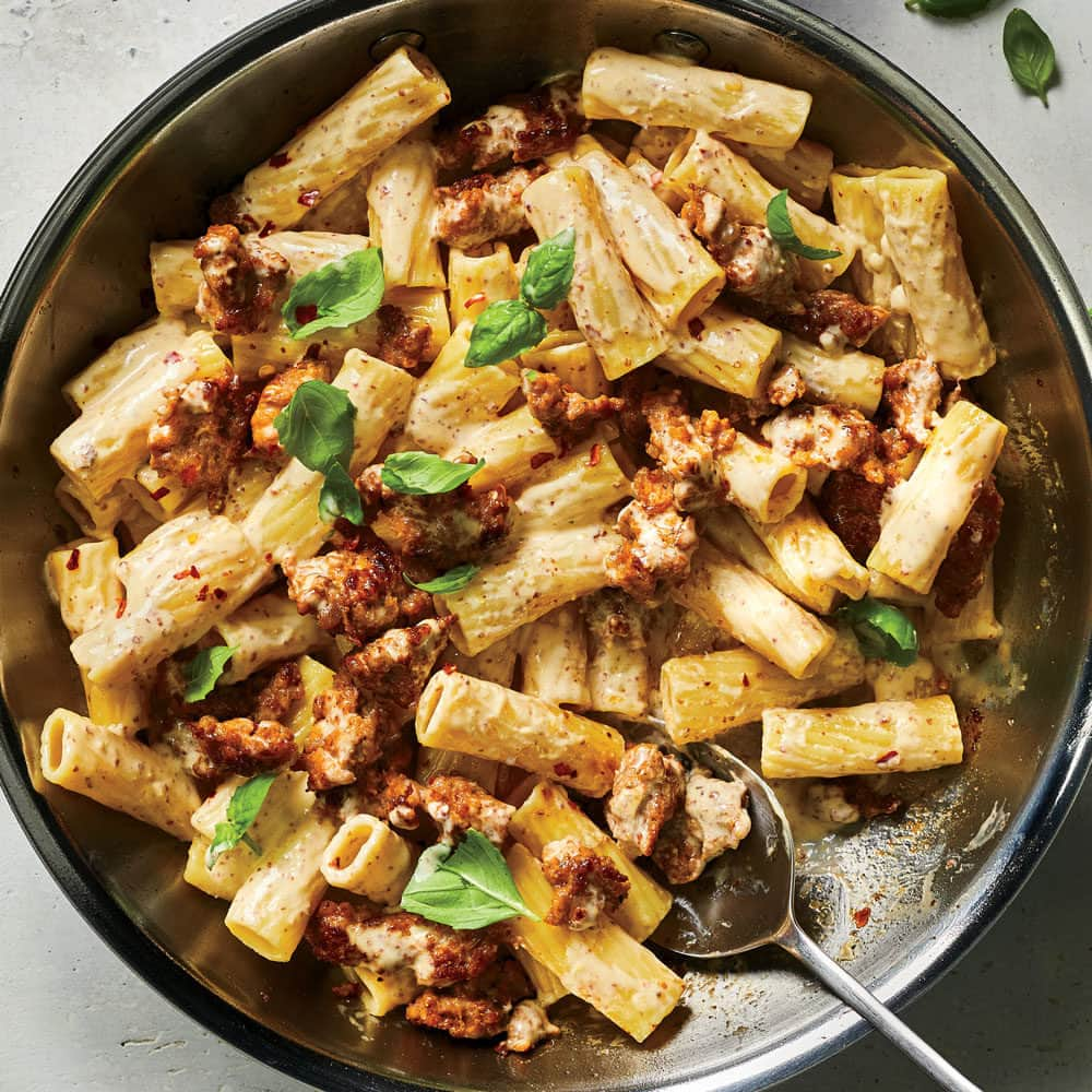 Food & Wineのインスタグラム：「Want to give your pasta sauce more of a punch? Try adding some mustard. Or more specifically, head to the link in bio to make this Pasta with Sausage, Basil, and Mustard for dinner tonight.   🍝: @nigelslater, 📸: @dianachistruga」