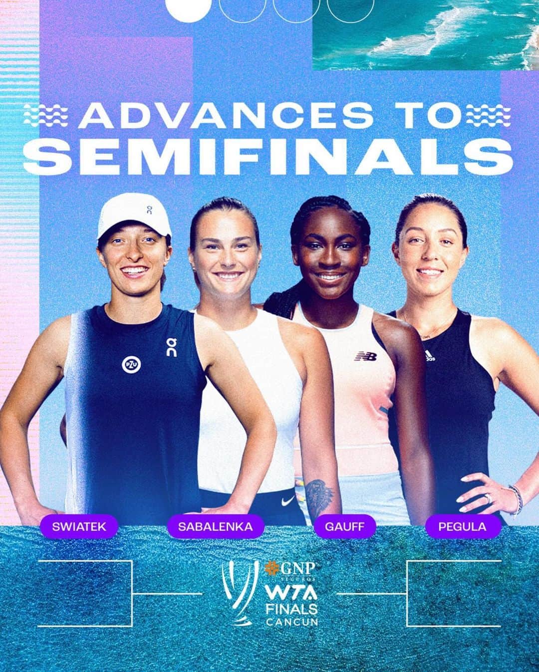 WTA（女子テニス協会）のインスタグラム：「The semifinals are locked in 🔒  Who will become the GNP Seguros @wtafinals champion?   #WTAFinals #GNPSegurosWTAFinalsCancun」