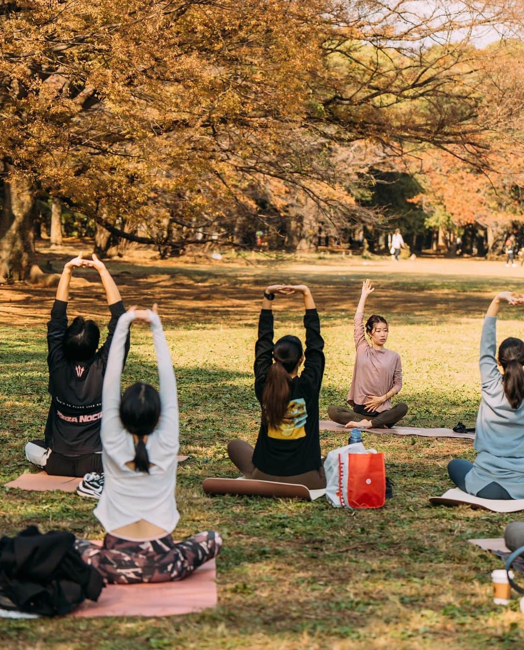 黄皓さんのインスタグラム写真 - (黄皓Instagram)「土曜日の朝のパークヨガイベント☺️🍁  今回は @besta.tokyo の会員様限定で少人数でやったけど、気候もメンバーも最高で最高だった（語彙力w）  普段生きてると無意識にマルチタスクになったりいろんなものに思考や精神力を使ってしまうけど、心の内側に向き合ったり、呼吸の長さを数えたりシングルタスクにして自分と向き合う時間が取れていいリフレッシュになった。  たっぷり太陽浴びて、たくさん新鮮な空気吸って、みんなでたくさん笑って幸せホルモンドバドバな朝でした☀️  また開催する予定です！！  次は参加したいって方はぜひいいねとコメントお願いします！  トレーナーのゆりか疲れ様でした🧘 @riritz93 @yoga_sunlily   写真はあいもかわらず天才的なこだまっち📸 @photototo.10」11月4日 15時08分 - haohaohaokun