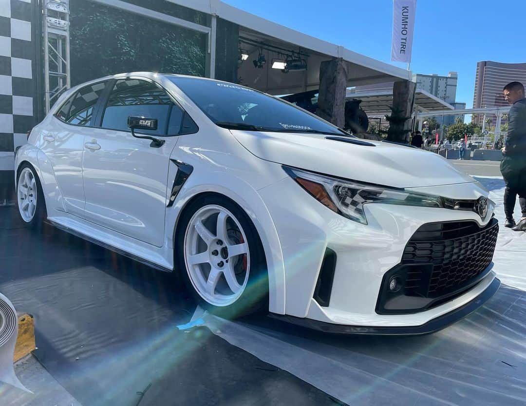 Spirits Artisanのインスタグラム：「Special Thanx for @duspeed @evasivemotorsports @evstuning for Exciting project build for SEMA2023!  GR Corolla installed Artisan spirits styling parts! Picture @moto_vated USA : @evasivemotorsports @butlertire Canada : @advanced_auto_salon @otto.auto.service China : @bond_china Hong kong : @nigeljdmparts Taiwan : #車庫小舗 Russia : @suv.project Kazakhstan : @spoiler.kz Indonesia : @premierautowerkz Philippine : @jworksunlimited @artisanspiritsph Singapore : @mwsautoworks Thailand : @prodriveshop India : @racetechindia Malaysia : @donloh2007 Bahrain : @kanooperformance Kuwait : @hamad_skyline UK : @streettracklife Australia : @import_monster @traum06996 @car_life_staff @sunyard @bondosaka #bondourawa @bondtokyo @bond_omiya @bondoiimura @ysr0443 @cs.forme_1 @office_k_tokyo @artisanspiritsusa @artisan.ceravi @artisanspiritsph @artisantaiwan @artisan.nobu @artisan_spirits_canada @artisanspirits_uk #artisanspirits #artisan #asms #pitandpaddock #grcorolla #toyotagr #gazooracing #toyota #turn14 #grfour #corolla #toyotagrcorolla #toyotacorolla #sema2023 #semacrunch #sema #evasivemotorsports #artisanspirits #evstuning #te37 #te37saga #yokohamatire #advan #ad09 #autotuned」