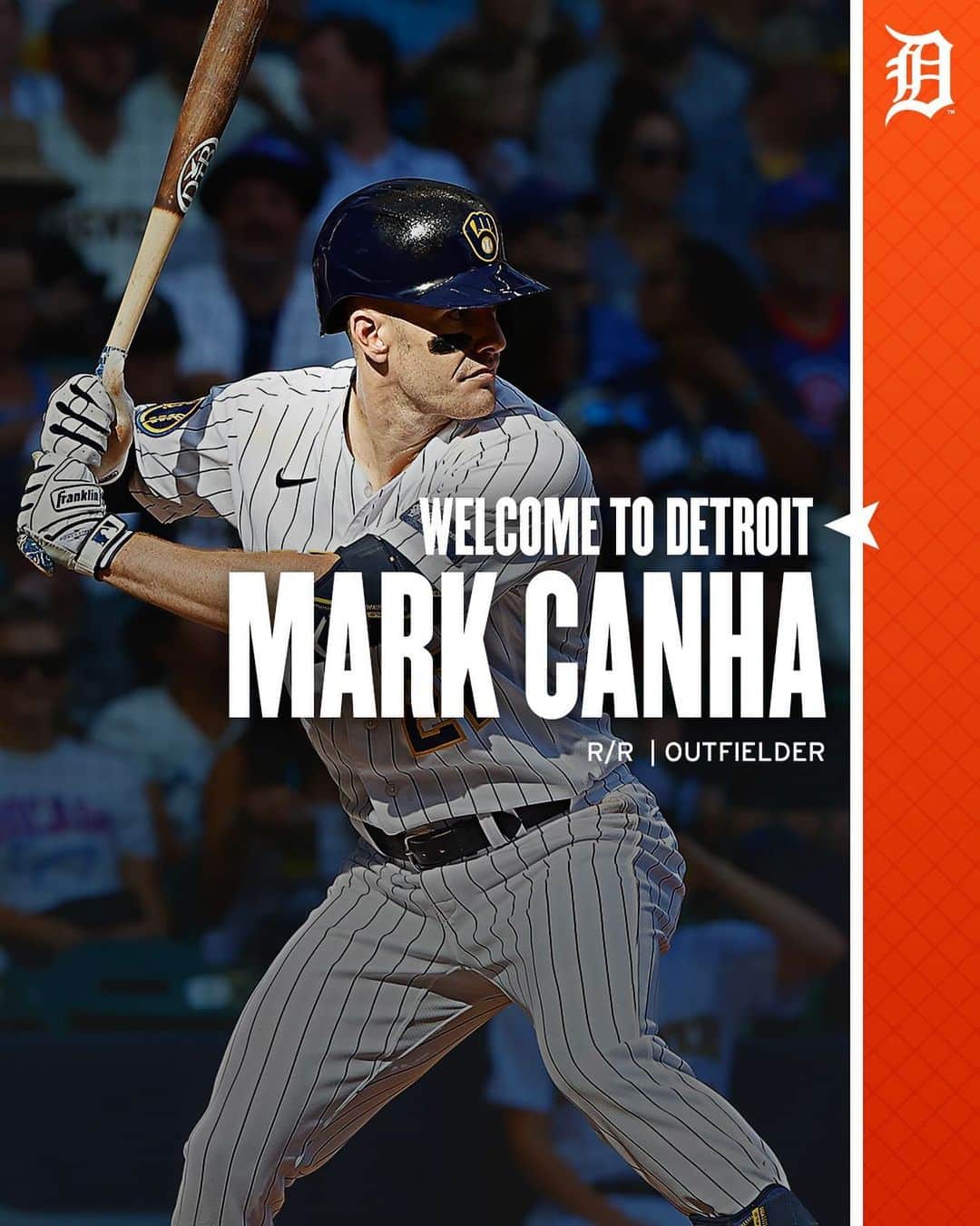 デトロイト・タイガースのインスタグラム：「Introducing our newest Tiger!   We have acquired OF Mark Canha from Milwaukee, in exchange for Minor League RHP Blake Holub.」