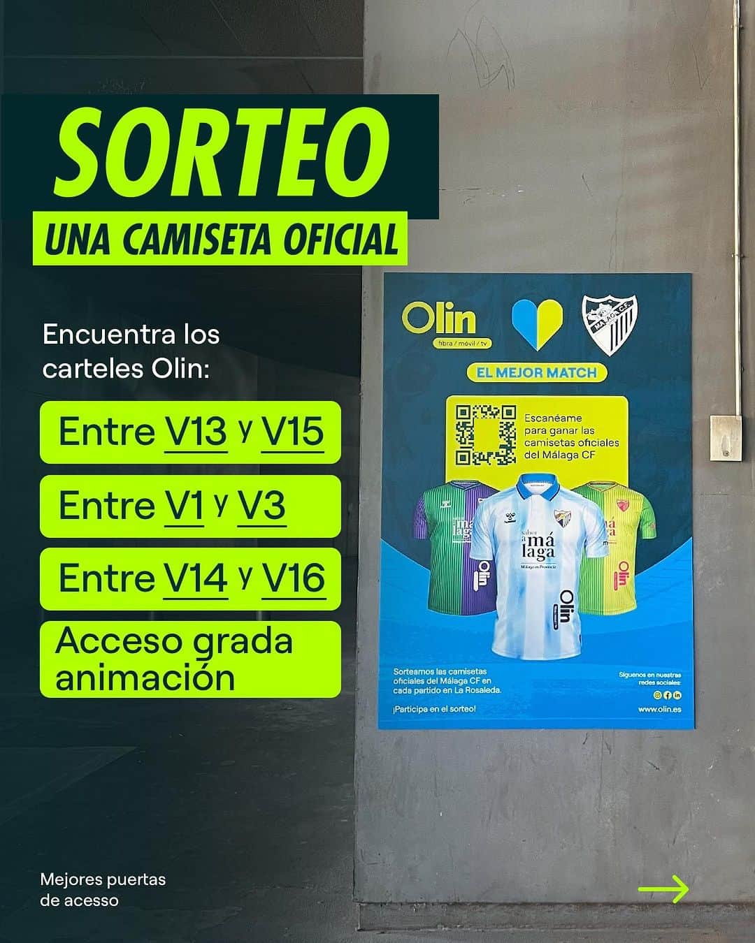 マラガCFのインスタグラム：「¡Partido en casa = Sorteo de una camiseta! ⚽️ ‼️ Os indicamos los Vomitorios donde podréis encontrar los carteles y las mejores puertas para acceder a ellos😉  👉🏻Para participar en el sorteo solo tienes que escanear el código QR e inscribirte🟢  Mañana el Málaga CF se enfrenta al Córdoba C.F en la Rosaleda, ¡vamos a por la victoria, Málaga!💙」