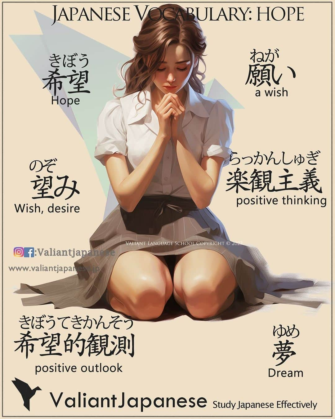 Valiant Language Schoolのインスタグラム：「👩‍🏫:New Beginner Classes Starting November 8th, DM us for info  Simple Japanese : Hope 🙏 . Use code : MOMIJI To get 10% off on our shop .  Example Sentences below 👇  希望 (Kibou) - Meaning: "hope"  希望を持つことは人生の重要な要素です。 (Kibou o motsu koto wa jinsei no juuyou na youso desu.) Translation: Having hope is an essential element of life. 期待 (Kitai) - Meaning: "expectation" or "anticipation"  このプロジェクトに対する期待が高まっています。 (Kono purojekuto ni tai suru kitai ga takamatteimasu.) Translation: Expectations for this project are rising. 望み (Nozomi) - Meaning: "wish" or "desire"  彼女は成功への望みを持っています。 (Kanojo wa seikou e no nozomi o motteimasu.) Translation: She has a wish for success. 希望的観測 (Kibouteki kansoku) - Meaning: "optimism" or "positive outlook"  希望的観測を持つことは大切です。 (Kibouteki kansoku o motsu koto wa taisetsu desu.) Translation: Having an optimistic outlook is important. 夢 (Yume) - Meaning: "dream" or "vision"  彼の夢は世界平和を築くことです。 (Kare no yume wa sekai heiwa o kizuku koto desu.) Translation: His dream is to build world peace. 願い (Negai) - Meaning: "wish" or "desire"  あなたの願いが叶うことを願っています。 (Anata no negai ga kanau koto o negatteimasu.) Translation: I hope your wishes come true. 楽観主義 (Rakkan shugi) - Meaning: "optimism" or "positive thinking"  楽観主義の人々は困難に立ち向かいます。 (Rakkan shugi no hitobito wa konnan ni tachimukaimasu.) Translation: Optimistic people face challenges. 期待をかける (Kitai o kakeru) - Meaning: "to place hope" or "to have expectations"  私たちは彼に大きな期待をかけています。 (Watashitachi wa kare ni ooki na kitai o kaketeimasu.) Translation: We have high hopes for him.  #tshirts  #shinjuku  #新宿 #東京 #tokyo」