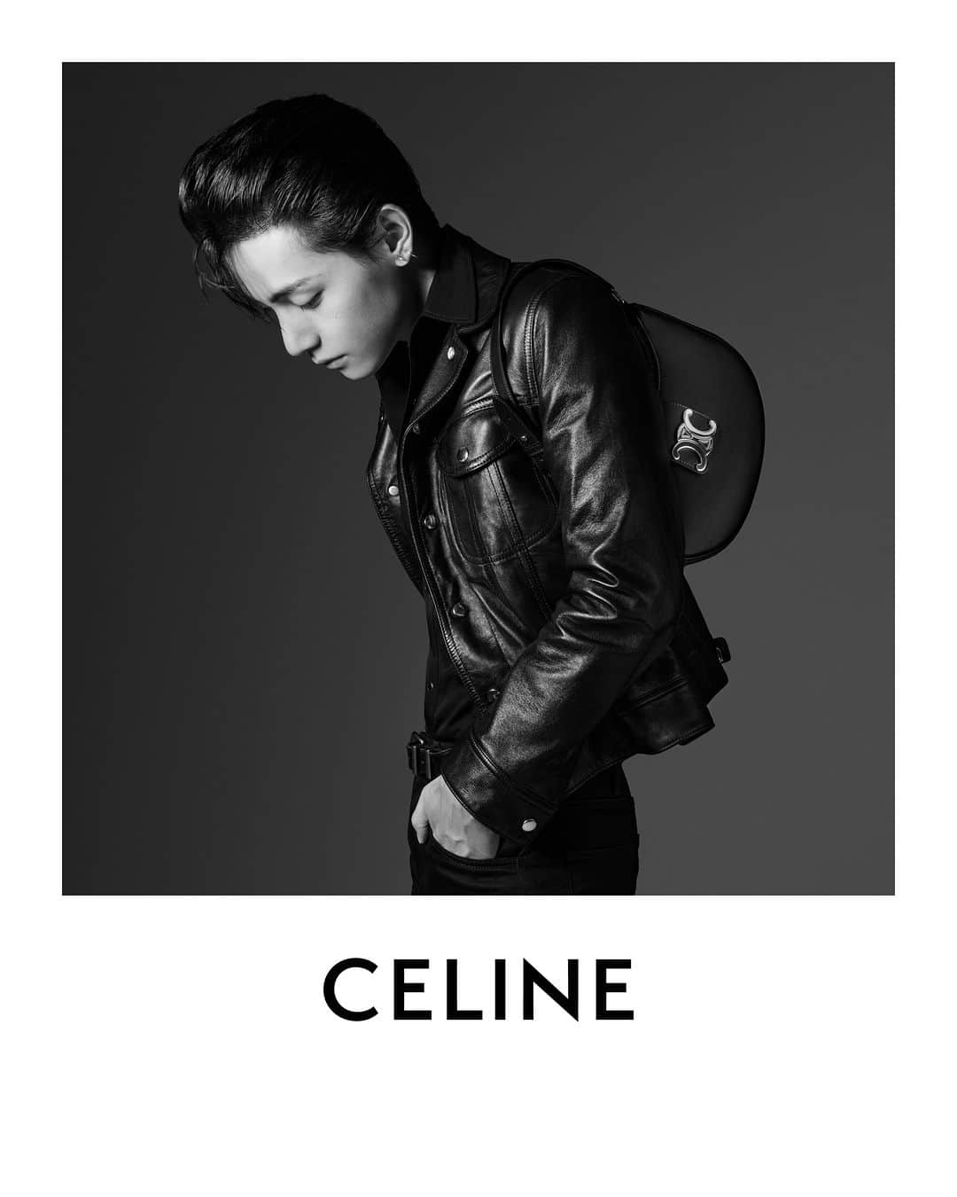 Celineのインスタグラム：「V @THV   CELINE AVA TRIOMPHE BAG  CELINE LEATHER CELINE TRUCKER JACKET  @HEDISLIMANE PHOTOGRAPHY AND STYLING PARIS OCTOBER 2023  #CELINEPORTRAIT #CELINEBYHEDISLIMANE」