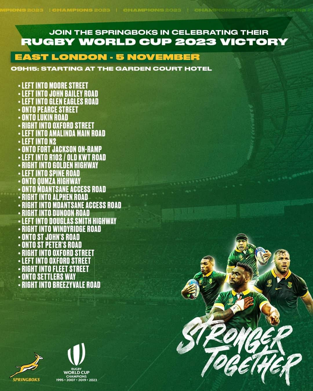 ラグビー南アフリカ代表のインスタグラム：「Tomorrow's route in East London is locked in, join the #Springboks for the final leg of the Trophy Tour 🏆🚌 #StrongerTogether」