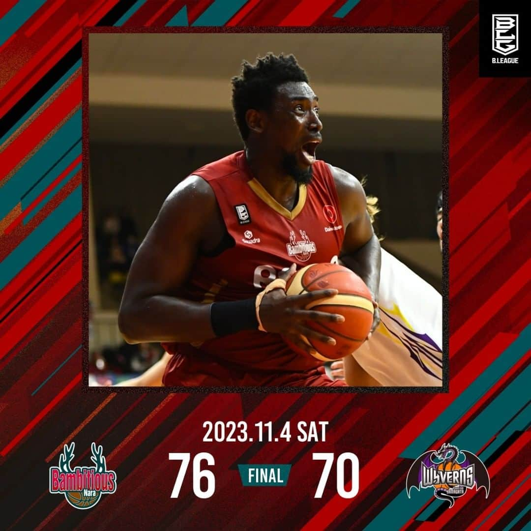 バンビシャス奈良のインスタグラム：「🦌試合終了🦌   奈良 76-70 山形  2023-24SEASON初勝利！！！ 熱いブースト、ありがとうございました！！！  📅23.11.4 🆚#山形ワイヴァンズ 📍ロートアリーナ奈良」