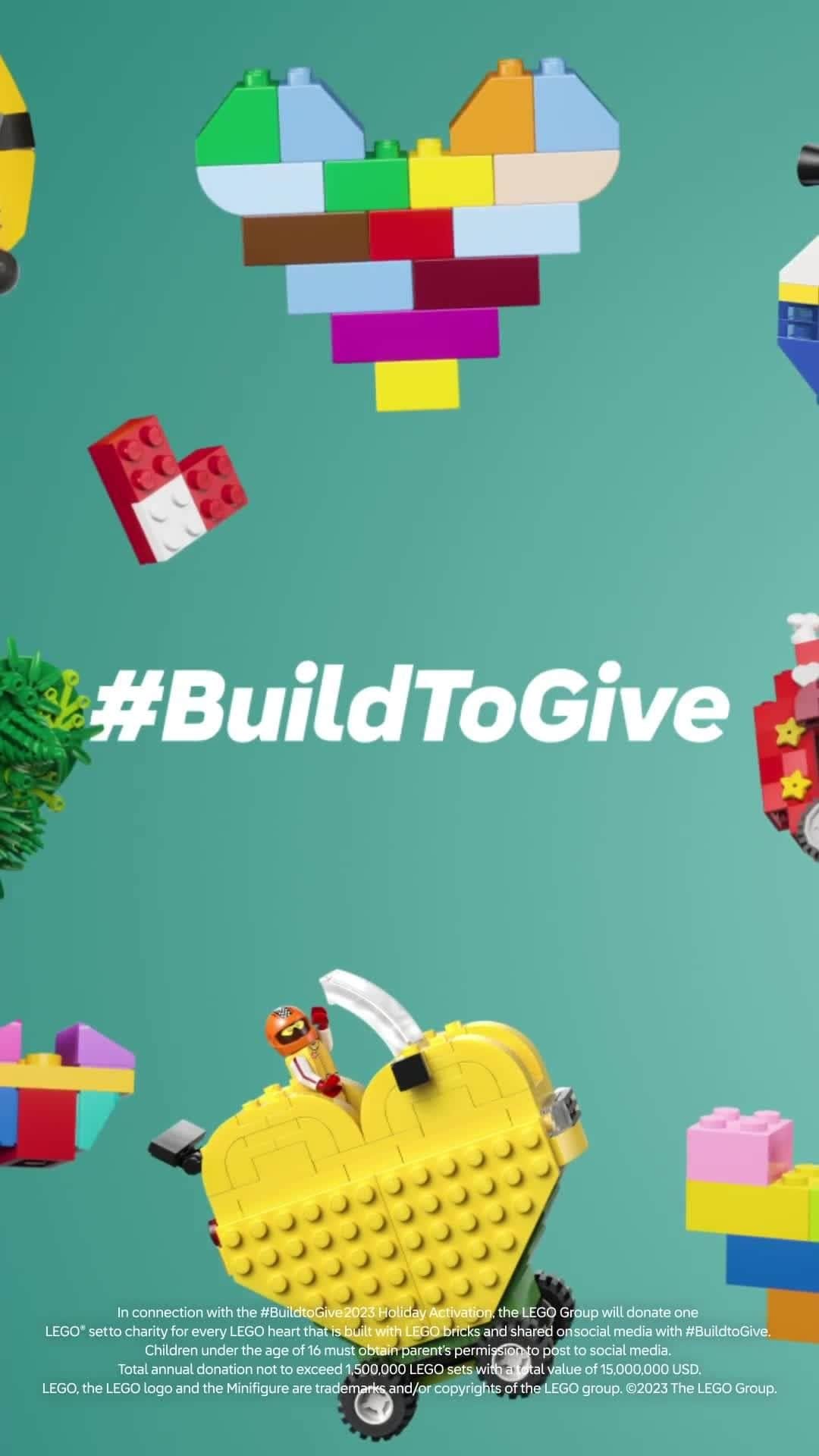 のインスタグラム：「Bringing the superpower of play to children who need it most is super simple: build a heart and share it with #BuildToGive. Ta-dah! 💜   #LEGO #BuildToGive #SuperpowerOfPlay」