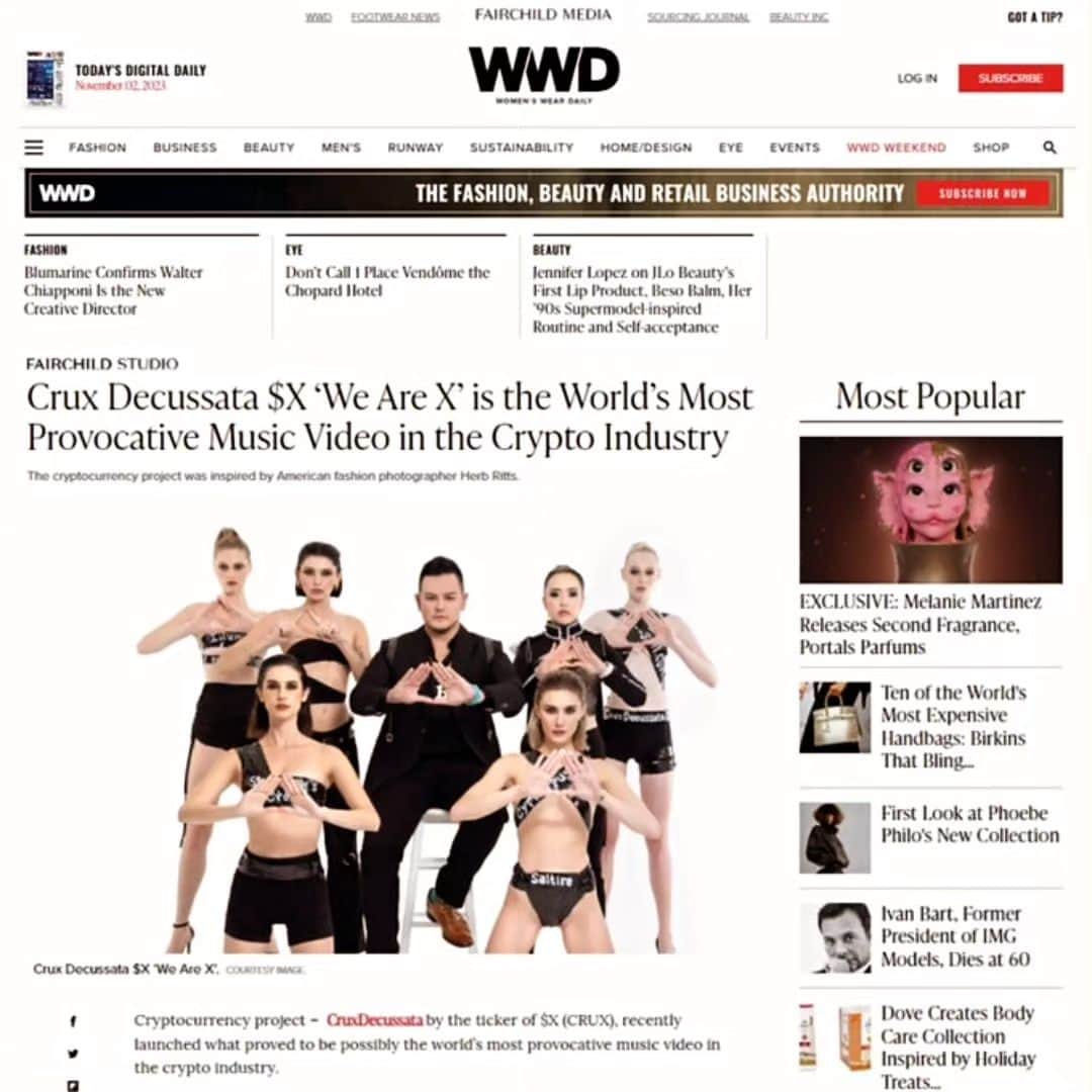 Nicole Chenのインスタグラム：「Featured  on one of the World's leading female fashion media - #WomensWearDaily @WWD 💃🏻 Featured @nicolechen.tv Music with #CruxDecussata $X ‘We Are X’ is the World’s Most Provocative Music Video in the Crypto Industry!  https://wwd.com/business-news/business-features/advertorial-crux-decussata-provocative-music-video-crypto-industry-1235835738/  Watch the Music Video by @XcomERC20🎥🎞️ youtube.com/watch?v=fBuc-j…  Music Production by @anthem.entertainment」
