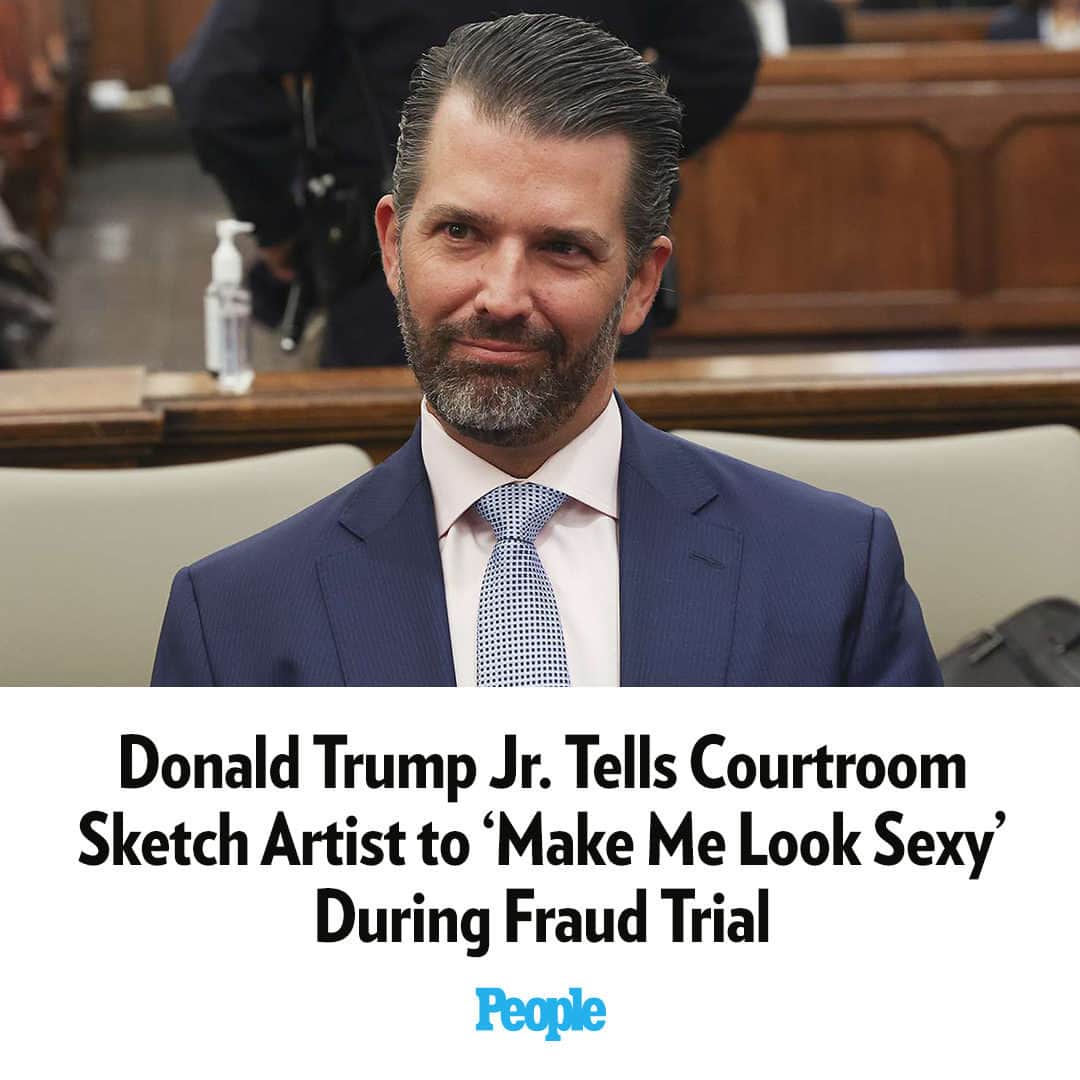 People Magazineのインスタグラム：「Donald Trump Jr. had one request for the courtroom sketch artist illustrating his Thursday testimony in a Manhattan fraud trial: "Make me look sexy."  Read the full story in our bio link. | 📷: Bloomberg via Getty」