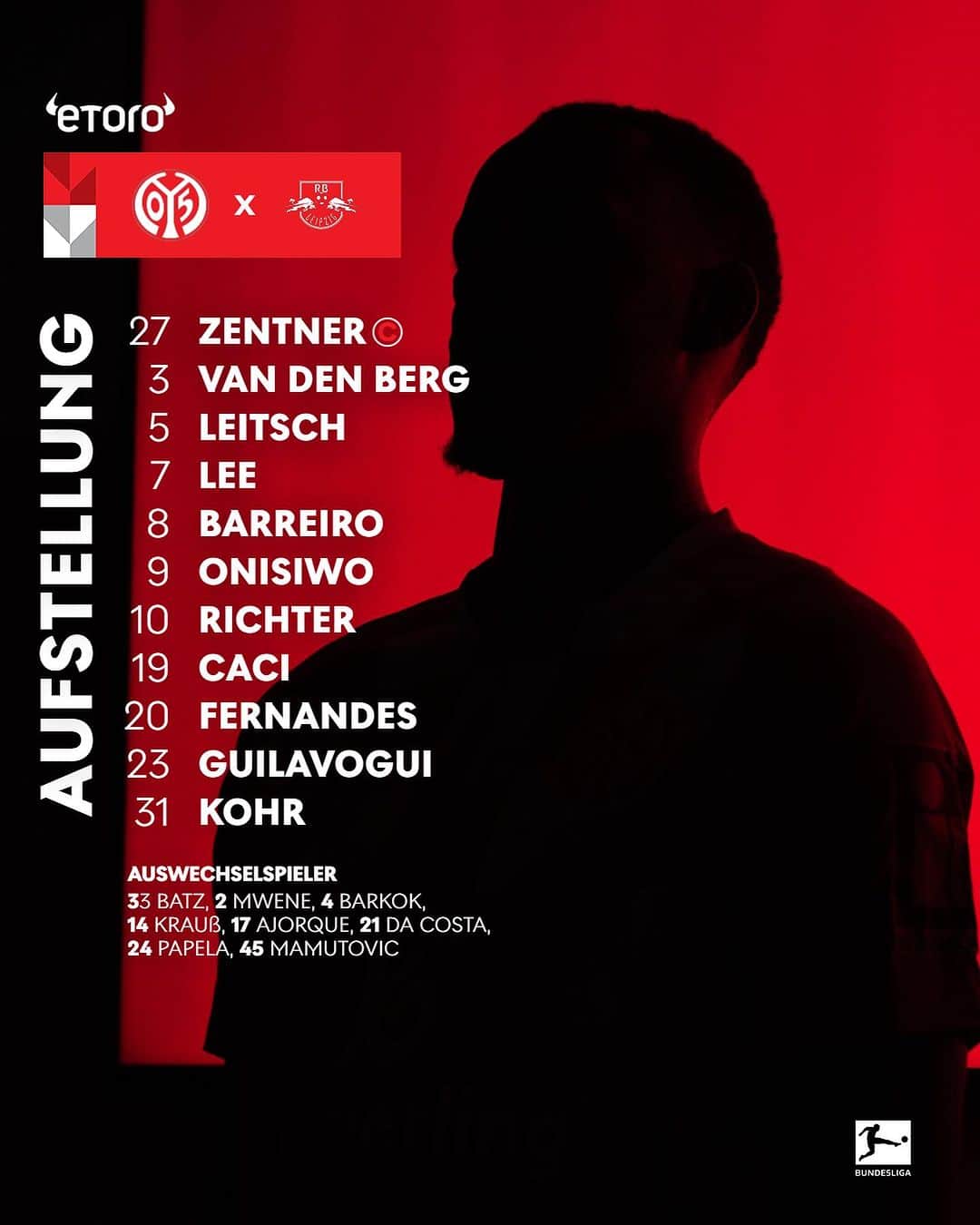 1.FSVマインツ05のインスタグラム：「Unsere Aufstellung für das Heimspiel gegen @rbleipzig. 🙌  #Mainz05 #M05RBL」