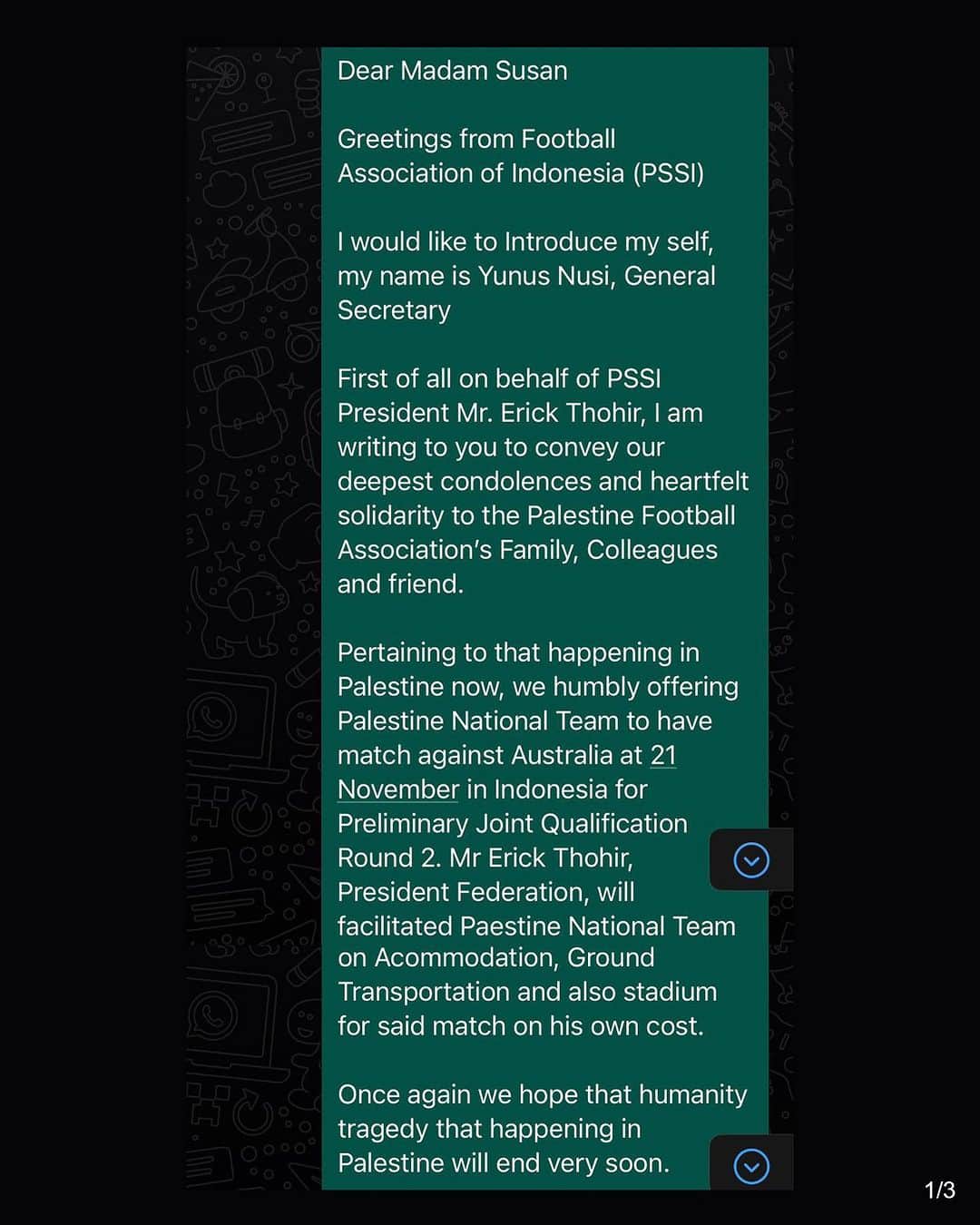 エリック・トヒルのインスタグラム：「Kandang Indonesia, Kandang Palestina Juga! 🇮🇩🇵🇸  Selaku Ketum PSSI, saya mengundang tim sepak bola Palestina untuk berlatih dan bermain menggunakan fasilitas yang ada di Indonesia sementara waktu.  Meski Vice President Palestine Football Association, Susan Shalabi, menyampaikan, Palestina memilih Kuwait karena jarak yang lebih dekat.  Kita senantiasa berdiri teguh dalam solidaritas mendukung perjuangan Palestina.」