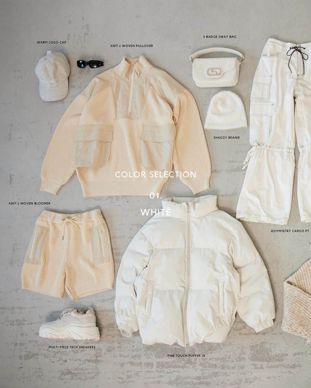 スライのインスタグラム：「COLOR SELECTION  __________________________________  ☑︎FINE TOUCH PUFFER JK (030GAL30-3340) IVOY,BLK,GREIGE ㅤㅤㅤㅤㅤㅤㅤㅤㅤㅤㅤㅤㅤ ☑︎LIGHT CROP BOA BZ (030GAR30-3300) IVOY,BLU,Multi  ☑︎DAMAGED CHUNKY HOODIE (030GAM70-4070) M/WHT,M/BLK  ☑︎PEDRO NEKOI x SLY FLUFFY SW (030GAZ01-2410) IVOY,RED ㅤㅤㅤㅤㅤㅤㅤㅤㅤㅤㅤㅤㅤ ☑︎KNIT x WOVEN PULLOVER (030GAZ30-1600) IVOY ㅤㅤㅤㅤㅤㅤㅤㅤㅤㅤㅤㅤㅤ ☑︎KNIT x WOVEN BLOOMER (030GAZ31-1610) IVOY ㅤㅤㅤㅤㅤㅤㅤㅤㅤㅤㅤㅤㅤ ☑︎ASYMMETRY CARGO PT (030GAY31-5330) WHT,BLK,GRY ㅤㅤㅤㅤㅤㅤㅤㅤㅤㅤㅤㅤㅤ ☑︎HUCKED TAPE BACKPACK (030GAA55-4110) IVOY,BLK ㅤㅤㅤㅤㅤㅤㅤㅤㅤㅤㅤㅤㅤ ☑︎ELLA FULL RIM EYEWEAR (030GAA56-3530) BLK,GRY ㅤㅤㅤㅤㅤㅤㅤㅤㅤㅤㅤㅤㅤ ☑︎MULTI PIECE TECH SNEAKERS (030GSZ55-1810) BLK,IVOY ㅤㅤㅤㅤㅤㅤㅤㅤㅤㅤㅤㅤㅤ ☑︎ARCH PLATE P／EARRING (030GAY56-4280) SLV,GLD ㅤㅤㅤㅤㅤㅤㅤㅤㅤㅤㅤㅤㅤ ☑︎STAINLESS THICK HOOP P／EARRING (030GAI56-2340) SLV,GLD ㅤㅤㅤㅤㅤㅤㅤㅤㅤㅤㅤㅤㅤ ☑︎LAYER CHAIN NECKLACE (030GAA56-6370) SLV,GLD ㅤㅤㅤㅤㅤㅤㅤㅤㅤㅤㅤㅤㅤ ☑︎HEART JEWEL N/C (030GAY56-4680) GLD,SLV ㅤㅤㅤㅤㅤㅤㅤㅤㅤㅤㅤㅤㅤ ☑︎RIB KNIT BUCKET HAT (030GAA56-5560) IVOY,BLK ㅤㅤㅤㅤㅤㅤㅤㅤㅤㅤㅤㅤㅤ ☑︎S BADGE 2WAY BAG (030GAA55-5780) O/WHT,BLK ㅤㅤㅤㅤㅤㅤㅤㅤㅤㅤㅤㅤㅤ ☑︎SHAGGY BEANIE (030GAA56-0840-1) WHT,BLK,GRY ㅤㅤㅤㅤㅤㅤㅤㅤㅤㅤㅤㅤㅤ ☑︎WARM LOGO CAP (030GAZ56-3240) IVOY,BLK  _____________________________ㅤ #SLY #SLY_fav」