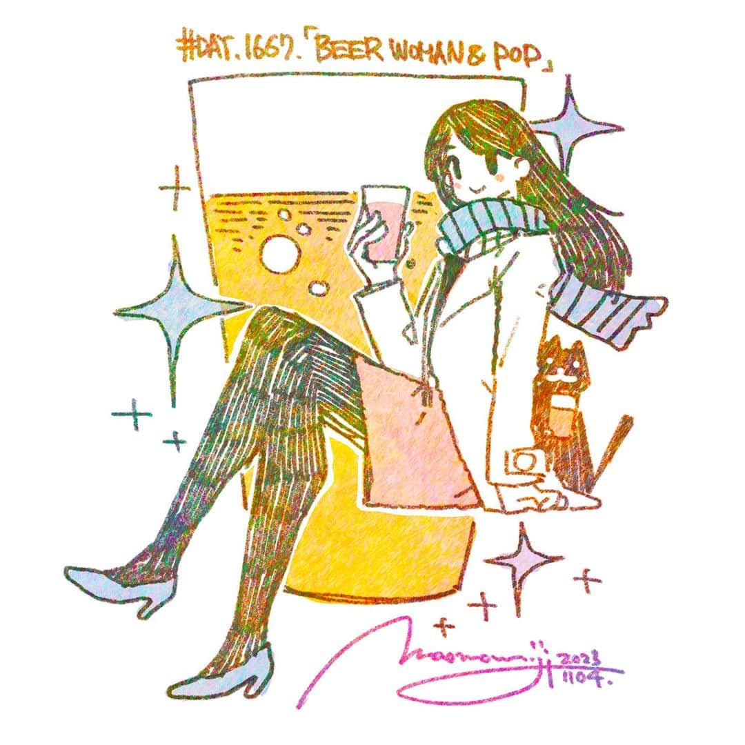 もみじ真魚のインスタグラム：「『#1667/「Beer woman ＆ Pop cat」』  もみじ真魚/MaoMomiji 2023年11月4日 23:32  ”Food needs to be eaten, after all.” Today I went to Meguro for a beer with a friend. We talked about what we want to do in the future together, and it was a good time to get a lot of ideas. Talking with a friend can help me break through my thoughts.  It's been a while since I painted people from the front. I had stopped painting since I was told by some people that "the pictures of people drawn by Momiji are unattractive and unnecessary”. I still think I should give it another try.  「やっぱり食べ物には食べる存在が必要だ」 今日は友達とビールを飲みに目黒まで、一緒に将来どうなりたいかって話をして、話しながらいろんなアイデアを沢山もらっていい時間でした。考え事は友達と話すと急に打破出来たりするんですよね。  久しぶりに正面から人を描いてみました。「もみじの描く人間は魅力がない」と一時期に頻繁に言われて以来、筆を折っているところがあるのですが、やっぱりもうちょっとチャレンジしてみようかな。  #日刊ごはんが好き #foodie #foodieart #dailyilovefood  #毎日更新 #foodillustration #fooddrawing #もみじ真魚 #maomomiji #飯テロ #美食 #beer」