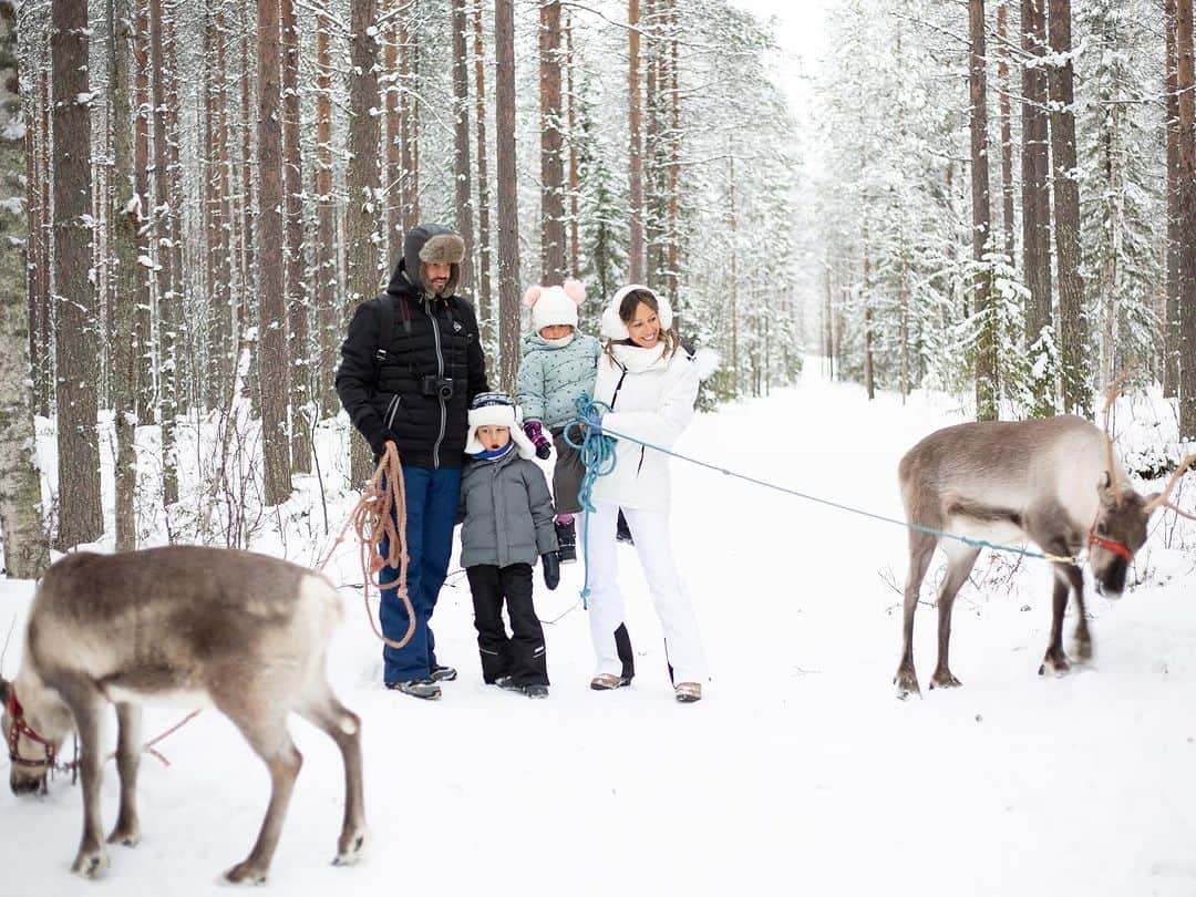 Carolineのインスタグラム：「Pinch me ✨ On vit dans un rêve ici en Laponie ! Nourrir des rennes et se balader avec eux en forêt accompagnés de deux elfes… J’avoue j’avais la larme à l’oeil 🥲」