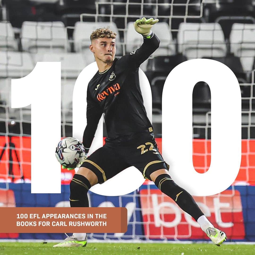 スウォンジー・シティAFCのインスタグラム：「Today's game marks @carlrushworth_'s 100th EFL appearance 👏🧤」