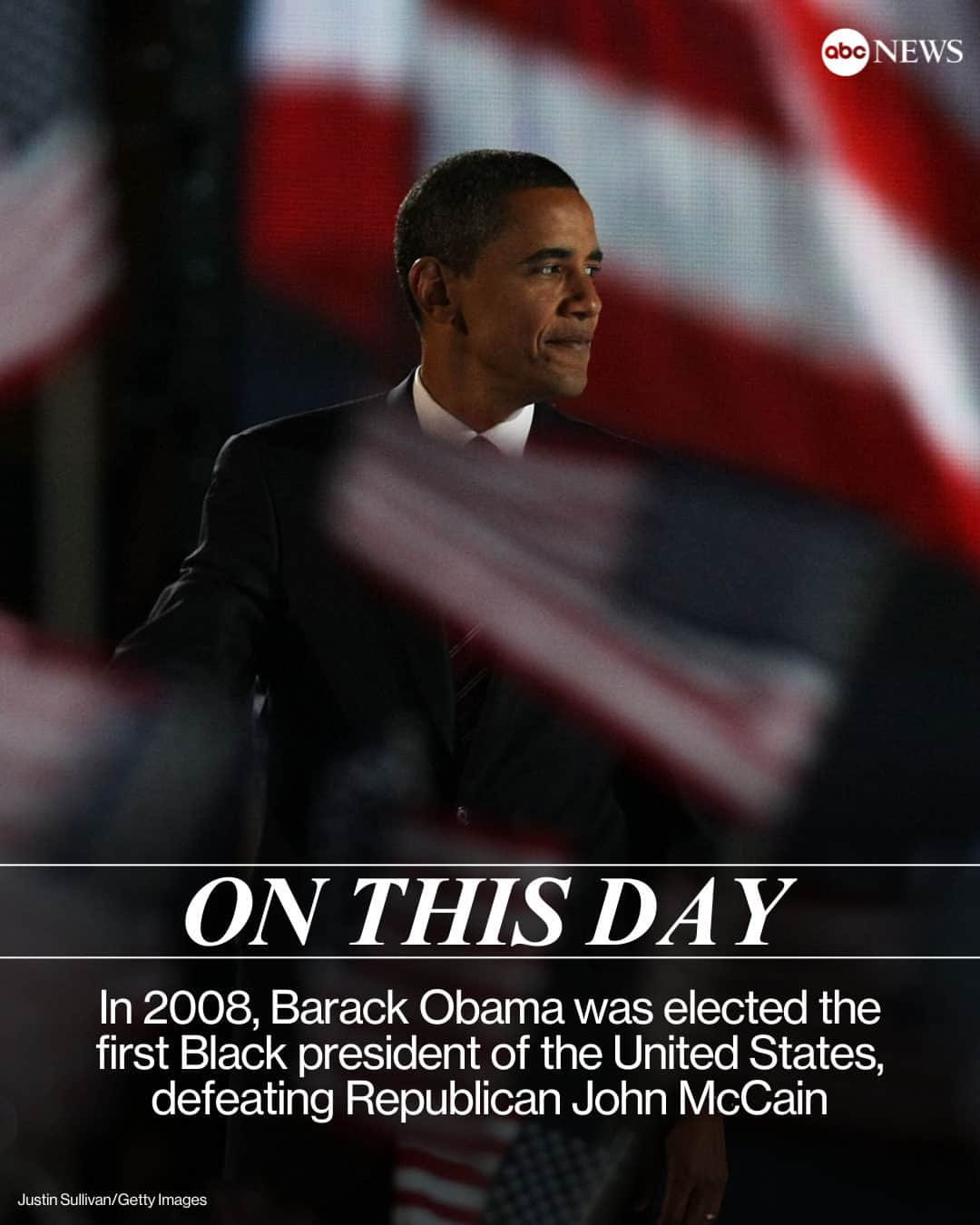 ABC Newsのインスタグラム：「ON THIS DAY: Fifteen years ago, Barack Obama was elected the first Black president of the United States, defeating Republican John McCain.  Tap link in bio for more.」