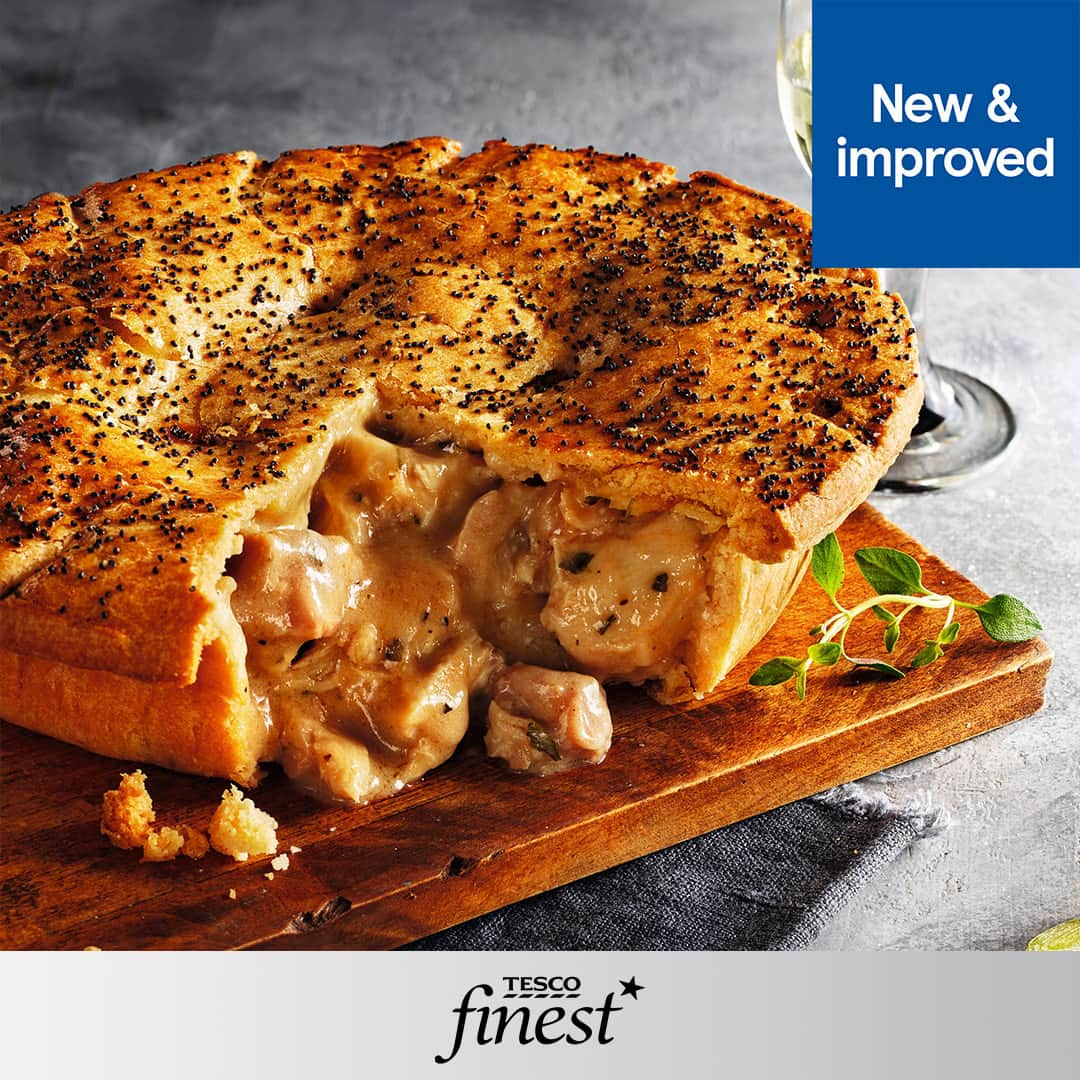 Tesco Food Officialのインスタグラム：「Have you tried one of our new and improved Tesco Finest pies yet? 🥧 Made with deliciously indulgent fillings in a crisp, all-butter pastry. Try our Finest rich and tender steak pie, the creamy chicken, ham and leek, or the new cauliflower and West Country cheddar. They really are a crust above the rest. Click the link in bio to explore the range.」