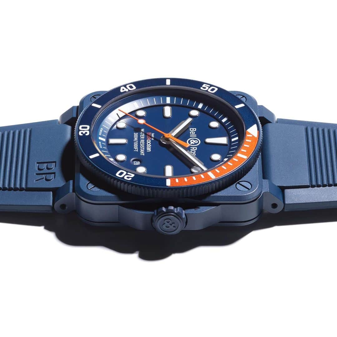 ベル&ロスのインスタグラム：「The signature square design of the new BR 03-92 Diver Tara time instrument sets the Bell & Ross Diver collection apart from any other diver timepieces on the market. This makes them a very unique offering for professionals looking to explore the depths of the ocean.  The blue dial of the timepiece is protected by sapphire with an anti-reflective coating. This matches harmoniously with the matte blue ceramic case. @fondationtaraocean   Discover more via the link in our bio.  #bellross #timeinstruments #BR0392 #Diver #BRFondationTaraOcéan #FondationTaraOcéan」