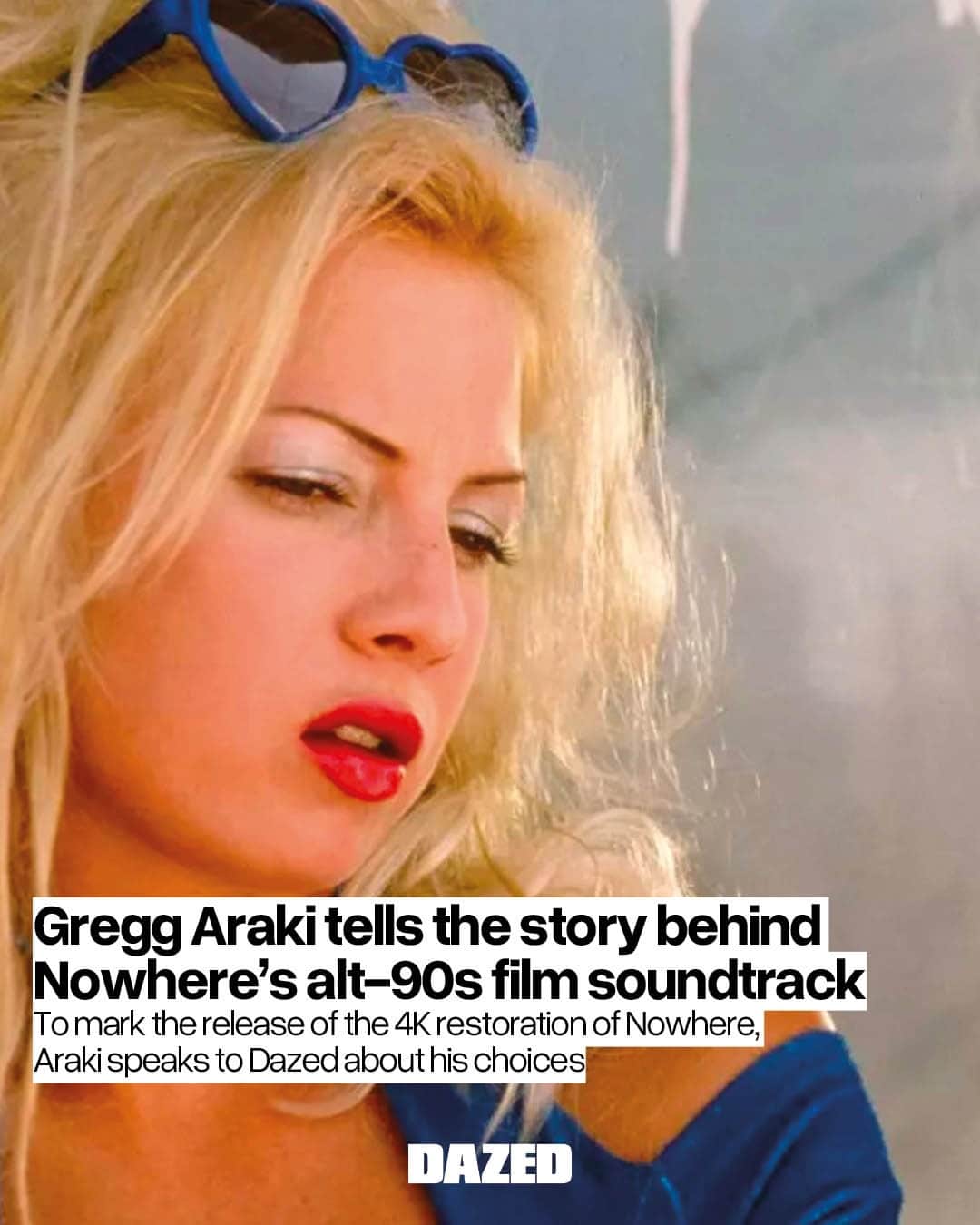 Dazed Magazineのインスタグラム：「Once a music critic for LA Weekly who still listens to music “literally 24 hours a day”, #GreggAraki’s credentials for being able to transform hyper-cool, eye-popping youth dramas indie films into ear-popping alt-rock video-mixtapes were evident long before his mid-90s breakthrough. ⁠ ⁠ Even his own production company, ‘Desperate Pictures’, was named for a song by LA punk band X. ⁠ ⁠ And though dream pop heroes Robin Guthrie (of the #CocteauTwins) and Harold Budd would later provide ethereal scores for Mysterious Skin and White Bird in a Blizzard, Araki’s indelible mark on indie cinema had by then already been firmly established – with films like The Doom Generation and Nowhere pairing euphoric indie, shoegaze and dance music with kaleidoscopic colours and devastating one-liners to incendiary effect.⁠ ⁠ In 2023, the two latter films are receiving the ultimate makeover after decades of obscurity, with the director remixing audio and restoring video in “mindblowing” new presentations. In the case of Nowhere – the story of a gaggle of hip kids with names like Elvis, Lucifer, and Godzilla, who pop pills and have kinky sex while confronting giant lizardmen, gun-toting cults and televangelists – the movie is now closer to the director’s original vision of a “psychedelic, super-colourful and crazy Alice in Wonderland trip” than it’s ever been. ⁠ ⁠ With its “incredible soundtrack” key to that creative explosiveness, Dazed decided to catch up with Araki as he tours the States promoting the new cut – playing spin the bottle with some of the best needle drops from the LA party cult classic. ⁠ ⁠ Crank it up through the link in our bio 🔗⁠ ⁠ 📷 Nowhere, 1997 + The Doom Generation, 1995⁠ ✍️ @jamesbalmont」