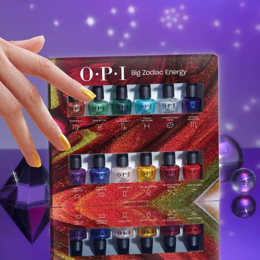 OPIのインスタグラム：「The perfect gift is in their future. 🔮   For all the zodiac lovers in your life ✨ Gift ‘em their signs and elements with our 12-piece Big Zodiac Energy Mini Nail Lacquer set.   #OPI #OPIObsessed #OPIBigZodiacEnergy」