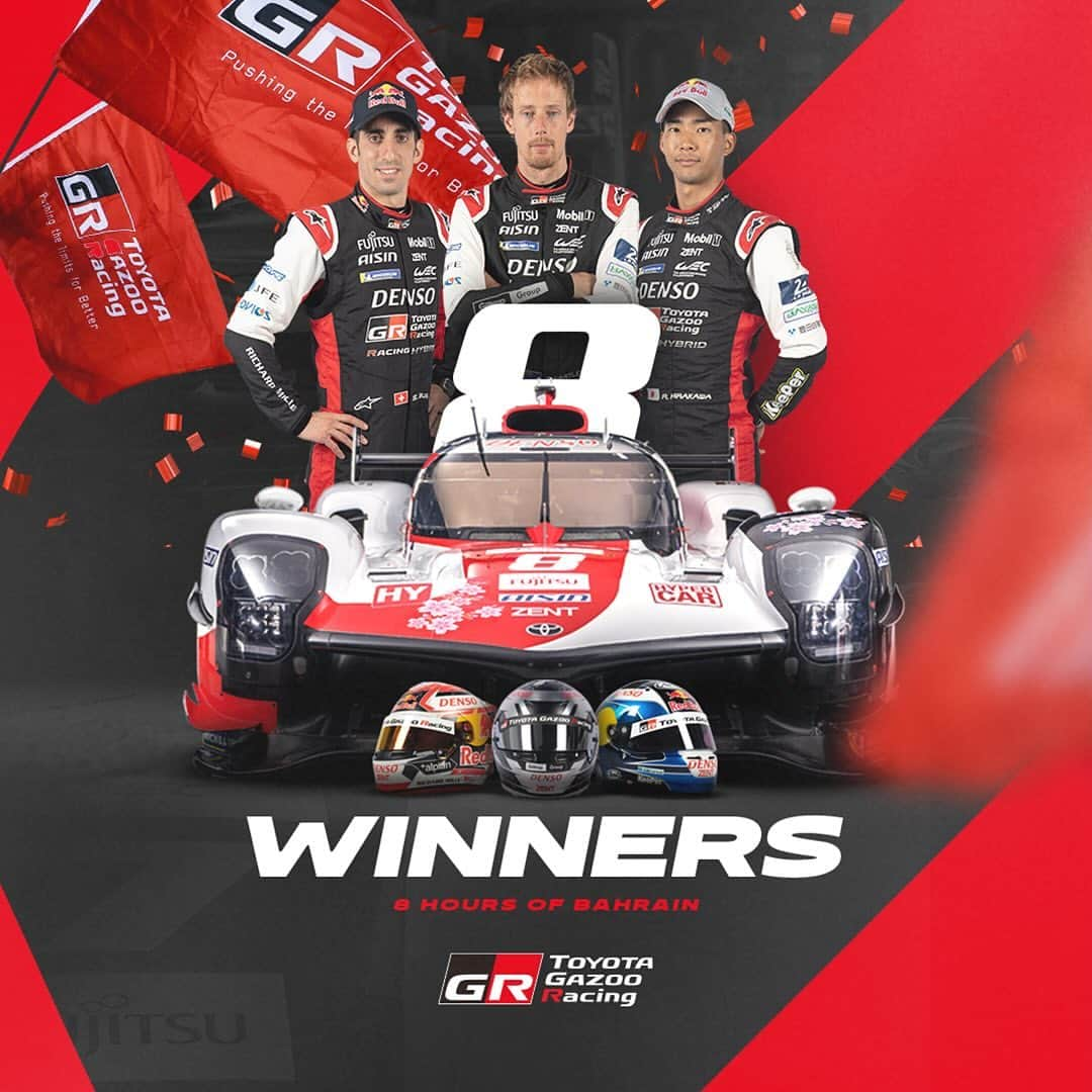 セバスチャン・ブエミのインスタグラム：「What a way to end the season 🤩 #8 leads a 1-2 in Bahrain with #7 fighting back to 2nd 🏁  #WEC #8hBahrain #GoHyper #ToyotaGAZOORacing」