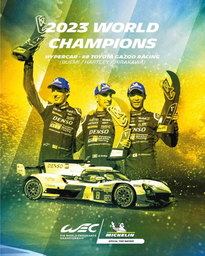 セバスチャン・ブエミのインスタグラム：「🏆 2023 @FIAWEC WORLD CHAMPIONS! 🏆  Congratulations to @sebastien_buemi, @brendon_hartley, and @ryohirakawa0307 for clinching the 2023 FIA World Endurance Championship Hypercar Drivers' World title. The outstanding performance delivered by their #MICHELINPilotSport tires throughout the season empowered them to reach the pinnacle. 🏁  #WeRaceForChange #WEC #PerformanceMadeToMast #8HBarhain 🇧🇭 #MichelinMotorsport #Endurance #Racing #MichelinTire #MICHELINPilotSport」