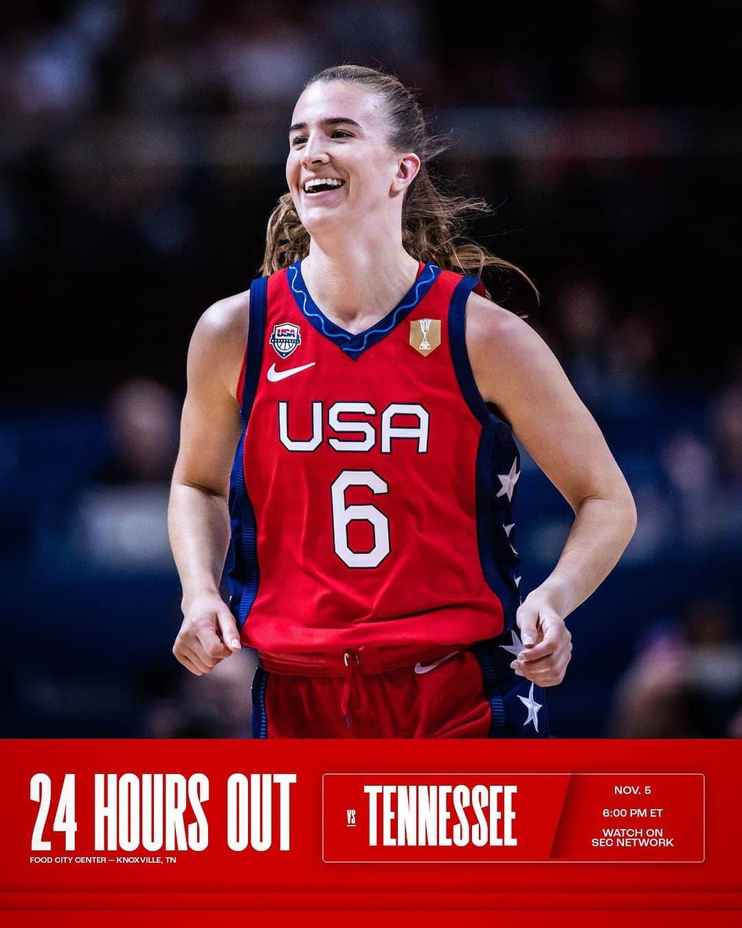 USA Basketballのインスタグラム：「⏳ Tomorrow Night ⌛️  🇺🇸 #USABWNT vs 🧡 @ladyvol_hoops  6 PM ET/3 PM PT  📺 @SECNetwork」
