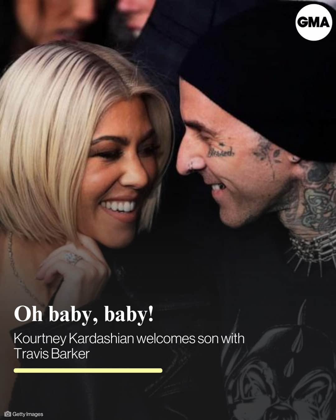 Good Morning Americaのインスタグラム：「Kourtney Kardashian and Travis Barker have welcomed a son, a source close to the situation confirmed to ABC News.  The couple, who married in 2022, first announced the pregnancy in June at a Blink-182 concert in Los Angeles, with Kardashian holding up a sign in the audience that read "Travis I'm pregnant." In a video of the moment Kardashian shared to Instagram, the drummer leaves the stage to give her a celebratory kiss.  Read more in our link in bio.   #KourtneyKardashian #Kardashians #TravisBarker」