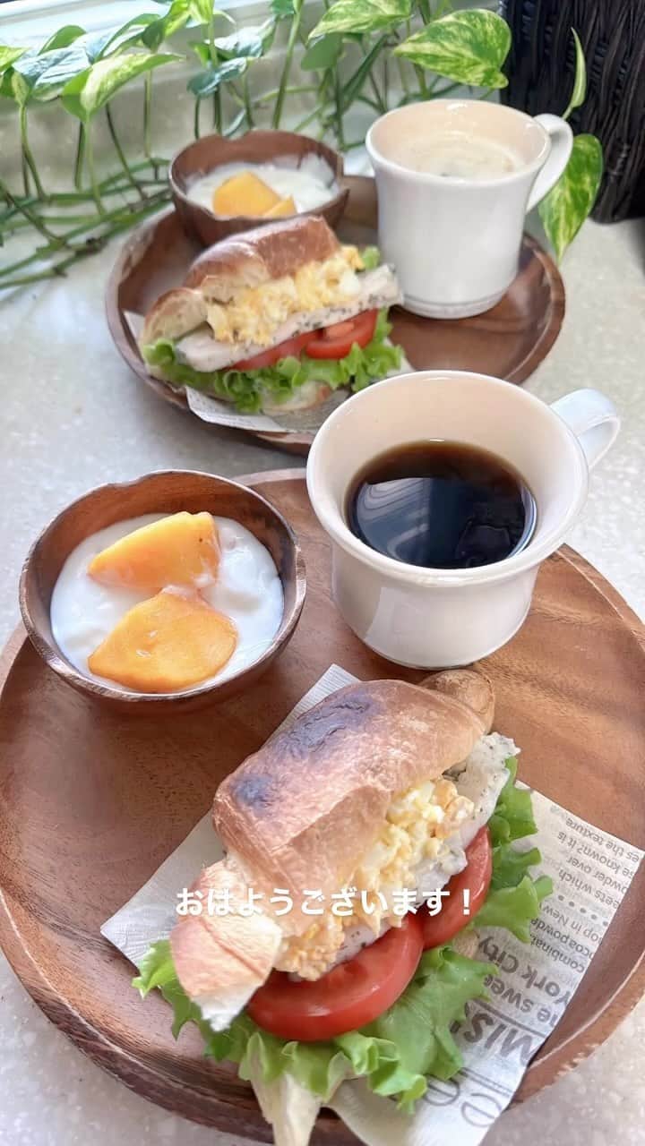 水谷雅子のインスタグラム：「名古屋26℃🌤️ おはようございます！ 今朝は薄っすら雲がかかった晴れ。 三連休もあっという間に終わりですね。 日中もよく晴れてお洗濯日和になりそうです。 良い休日をお過ごしください✨ #おはようございます #goodmorning  #朝食#breakfast  #秋田犬#akitainu #dogsofinstagram  #ハーブチキンサンド #クロワッサンバゲット #フルーツヨーグルト #カフェオレ#珈琲 #水谷雅子 #水谷雅子の美容の秘訣シリーズ」