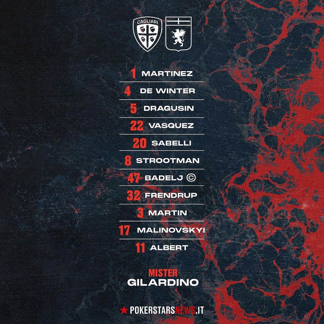ジェノアCFCのインスタグラム：「⤴️ STARTING XI #CagliariGenoa 🔴🔵」